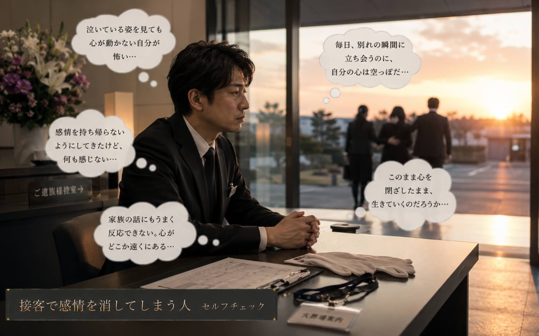 遺族を見送り無表情で座る案内スタッフ|接客で感情を消してしまう人のセルフチェック