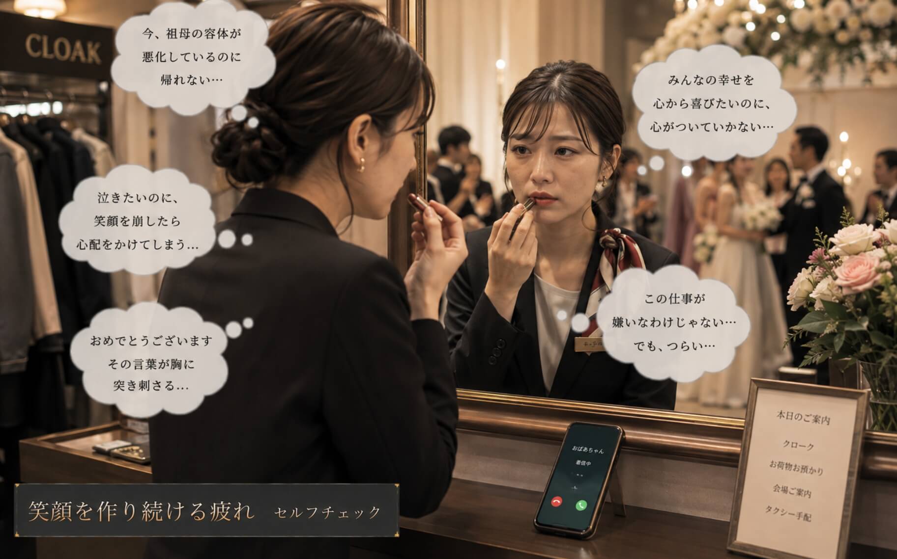 悲しみを隠して接客用の笑顔を整える女性|笑顔を作り続ける疲れのセルフチェック