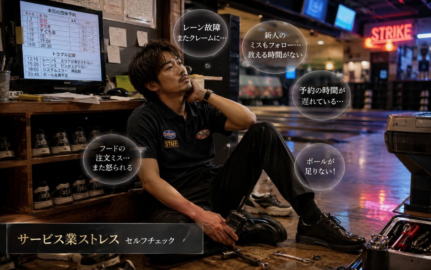 閉店後のボウリング場で疲れ切って座り込む男性スタッフ｜サービス業ストレスのセルフチェック