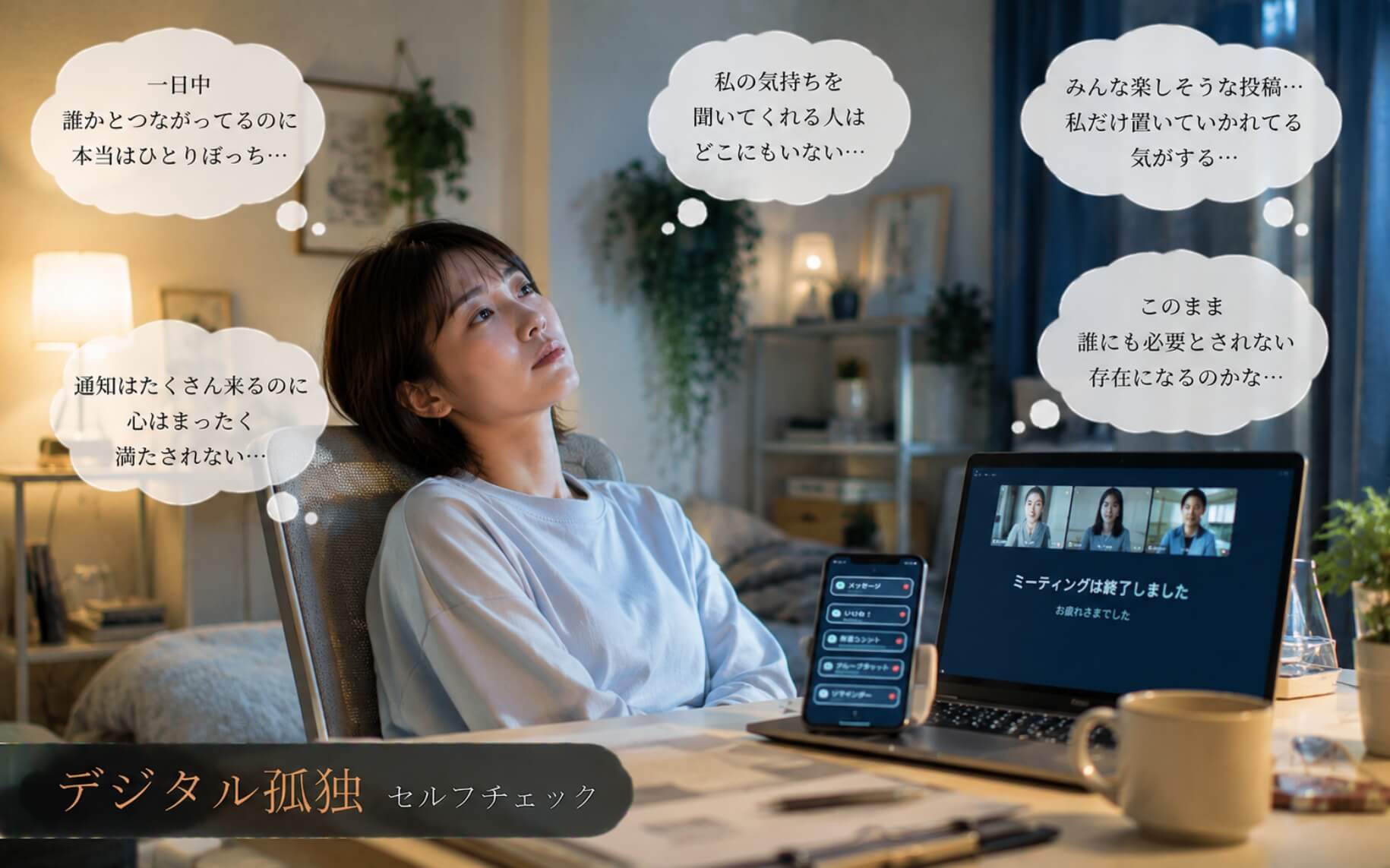 誰とも会わない毎日に孤独を抱える女性｜デジタル孤独のセルフチェック