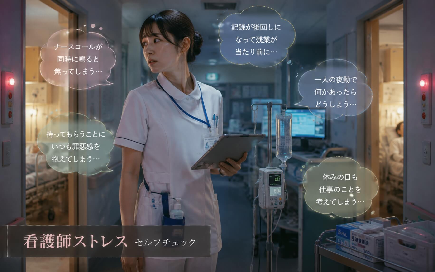 ナースコールが重なり対応に追われる女性看護師|看護師ストレスのセルフチェック