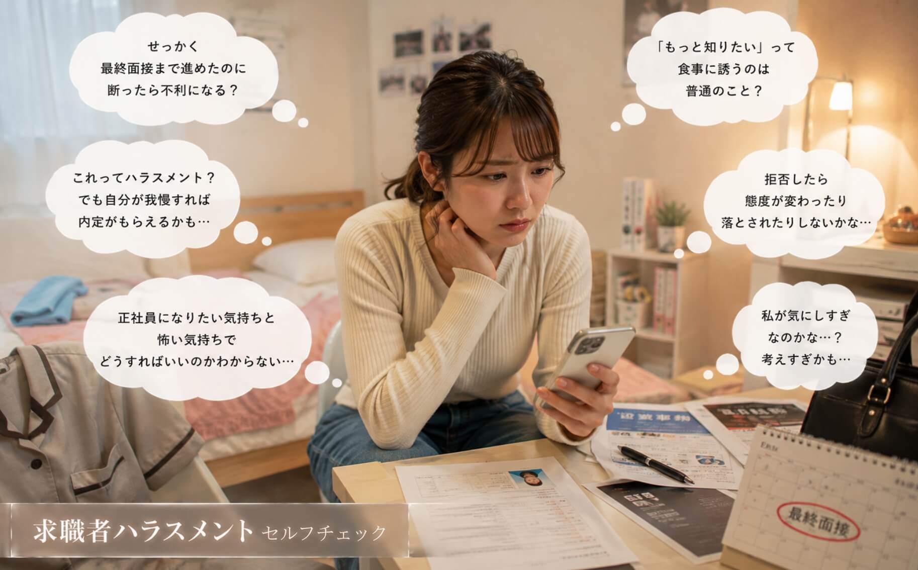 採用担当者からの食事の誘いに戸惑う求職女性｜求職者ハラスメントのセルフチェック