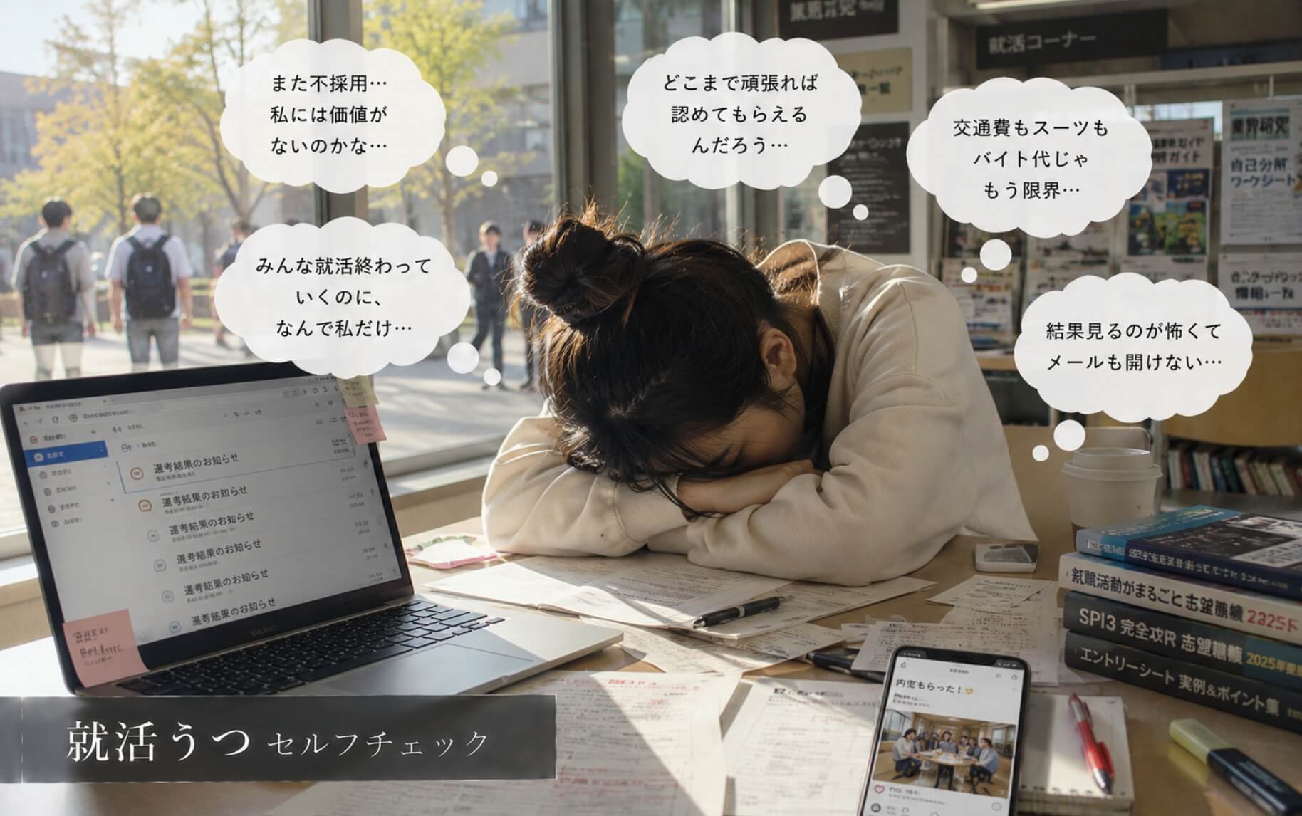 選考結果のメールを見ることが怖く疲れ切った学生｜就活うつのセルフチェック