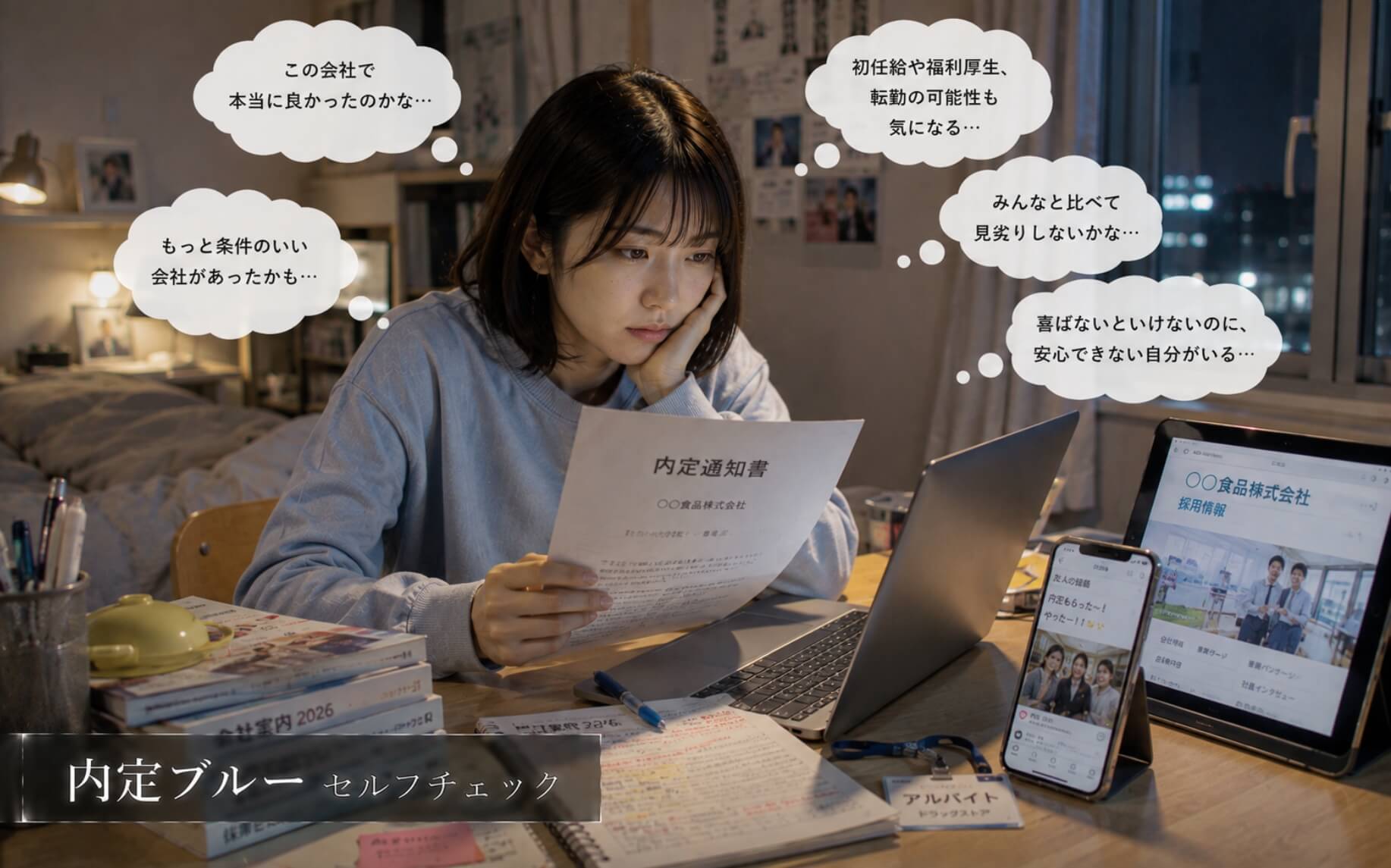 内定通知を手に入社先への不安を抱える女子学生|内定ブルーのセルフチェック