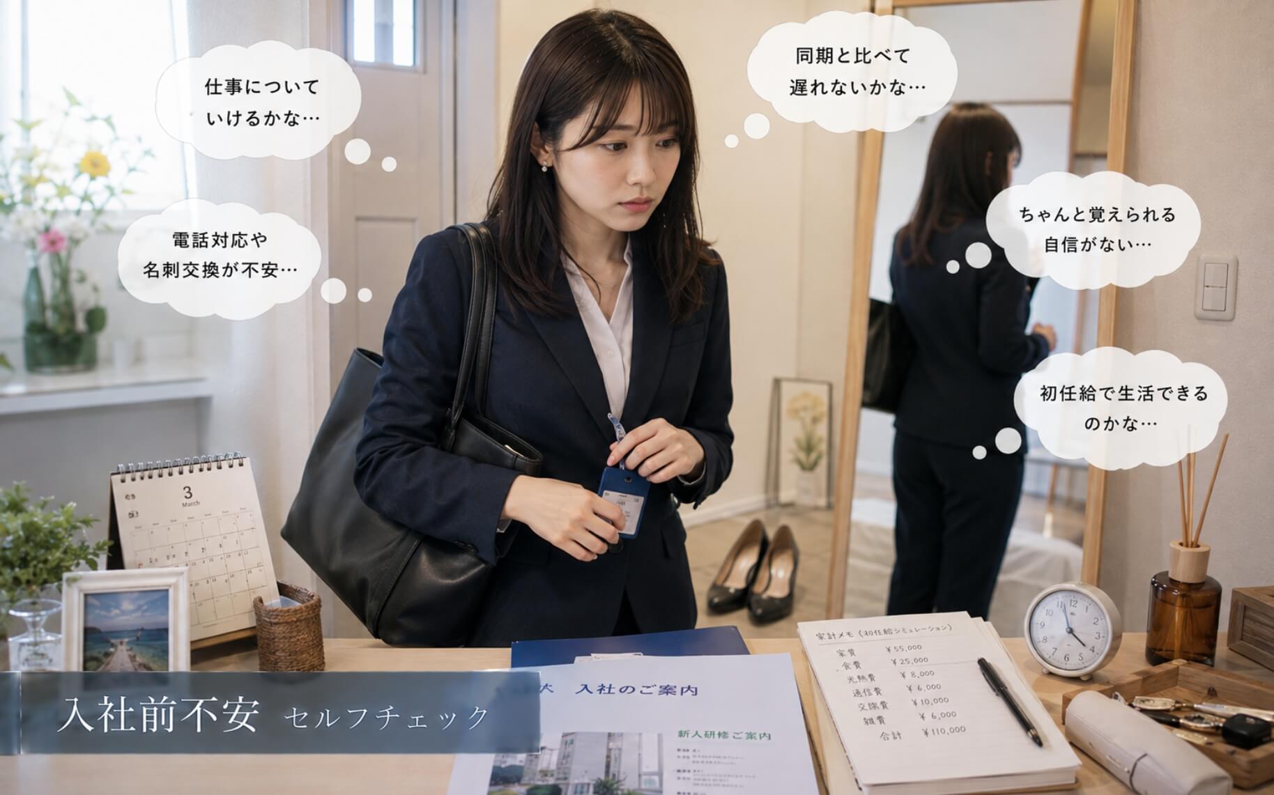 初出勤を前にスーツ姿で緊張する新卒女性|入社前不安のセルフチェック