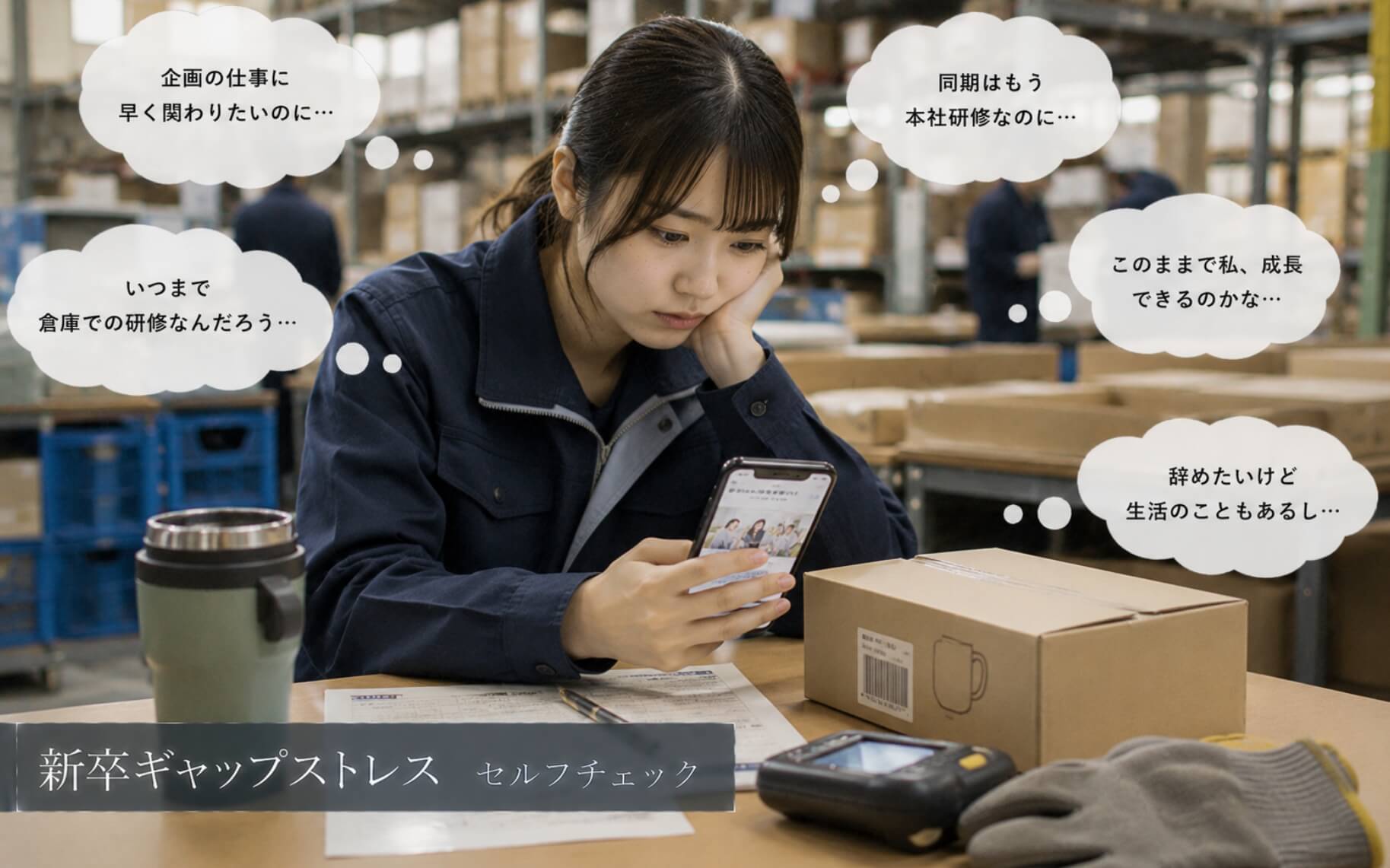 倉庫研修と希望した仕事との違いに悩む新卒女性｜新卒ギャップストレスのセルフチェック