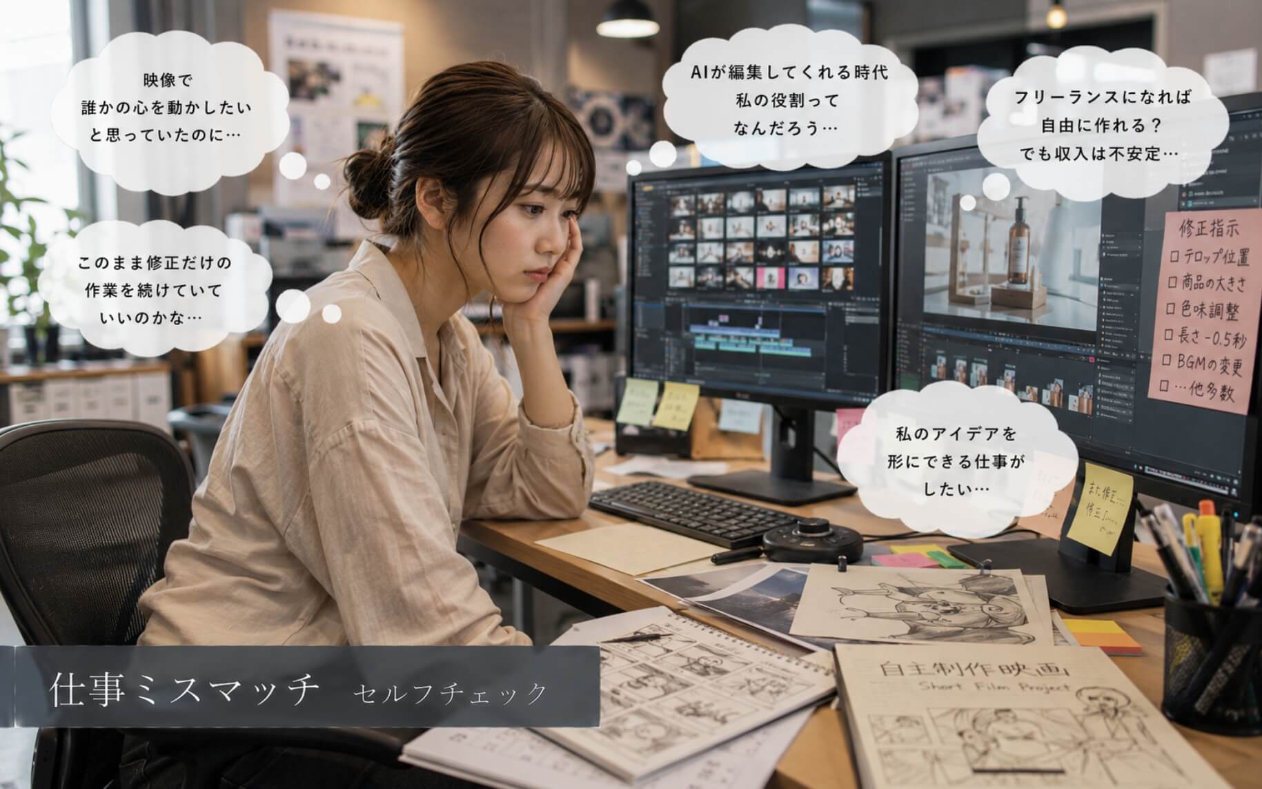 動画編集の修正作業に追われ理想との違いに悩む女性｜仕事ミスマッチのセルフチェック