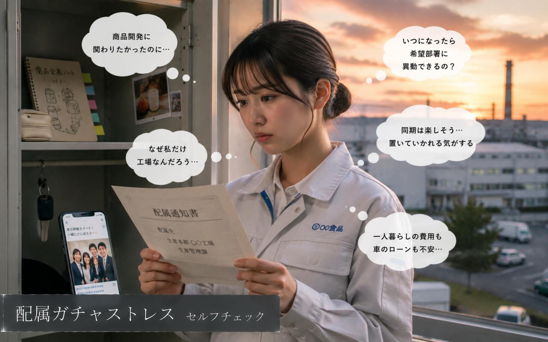 希望と違う工場配属の通知を見つめる新卒女性|配属ガチャストレスのセルフチェック