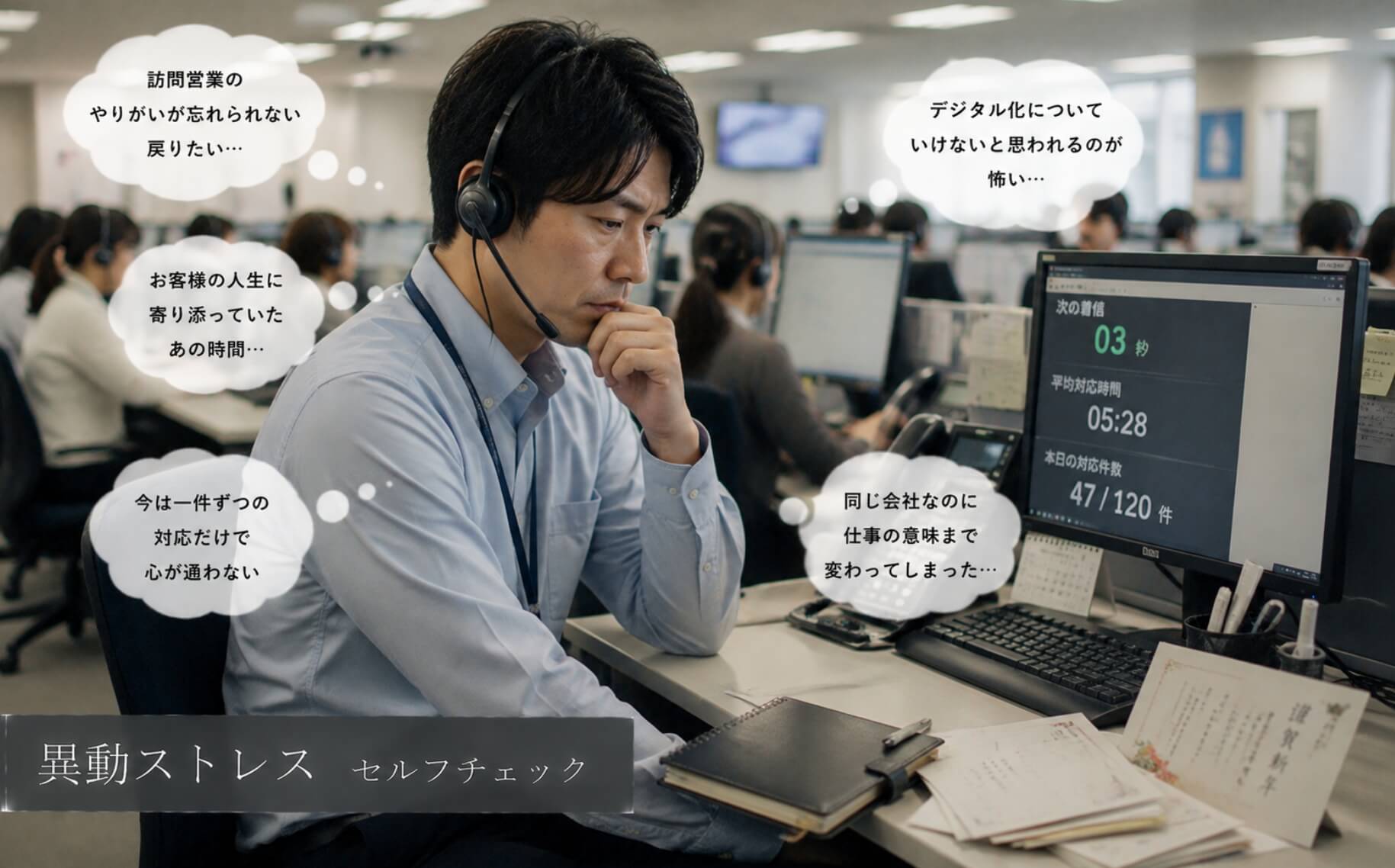 コールセンターへの異動で仕事のやりがいを失った男性｜異動ストレスのセルフチェック