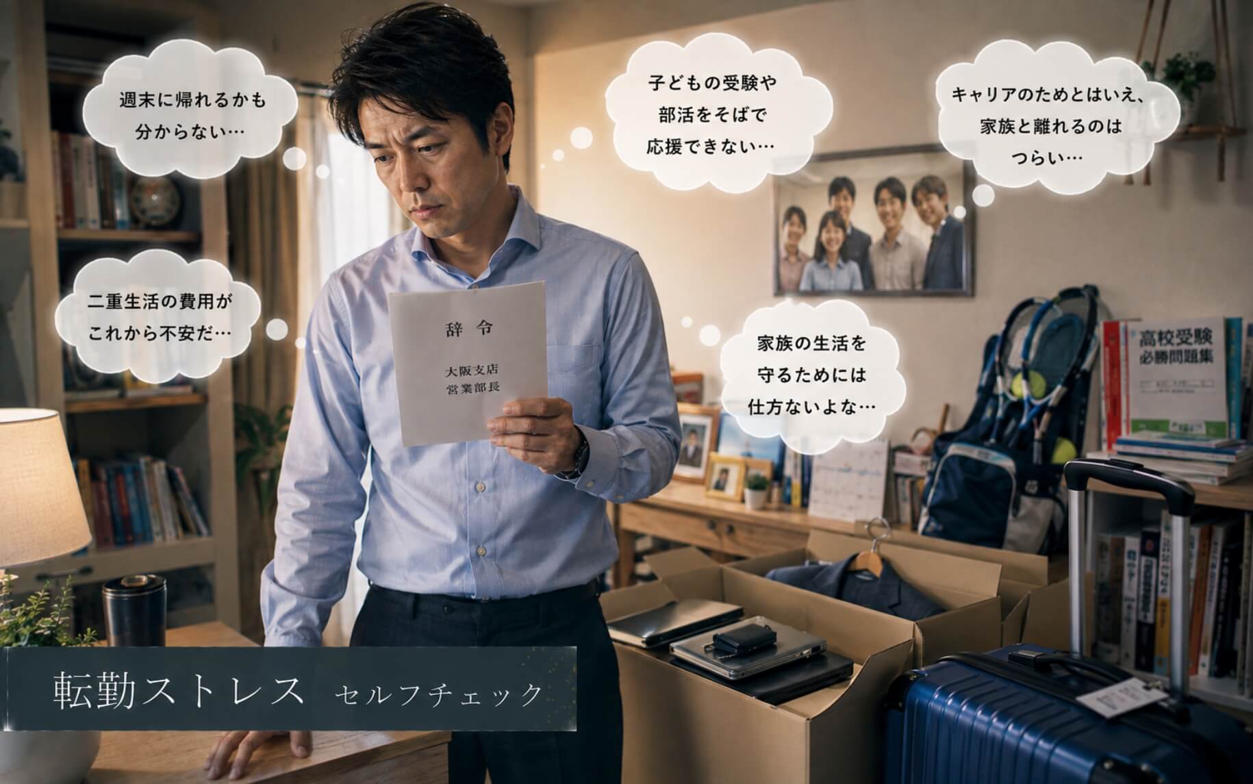 単身赴任を前に家族写真と転勤辞令を見つめる男性|転勤ストレスのセルフチェック