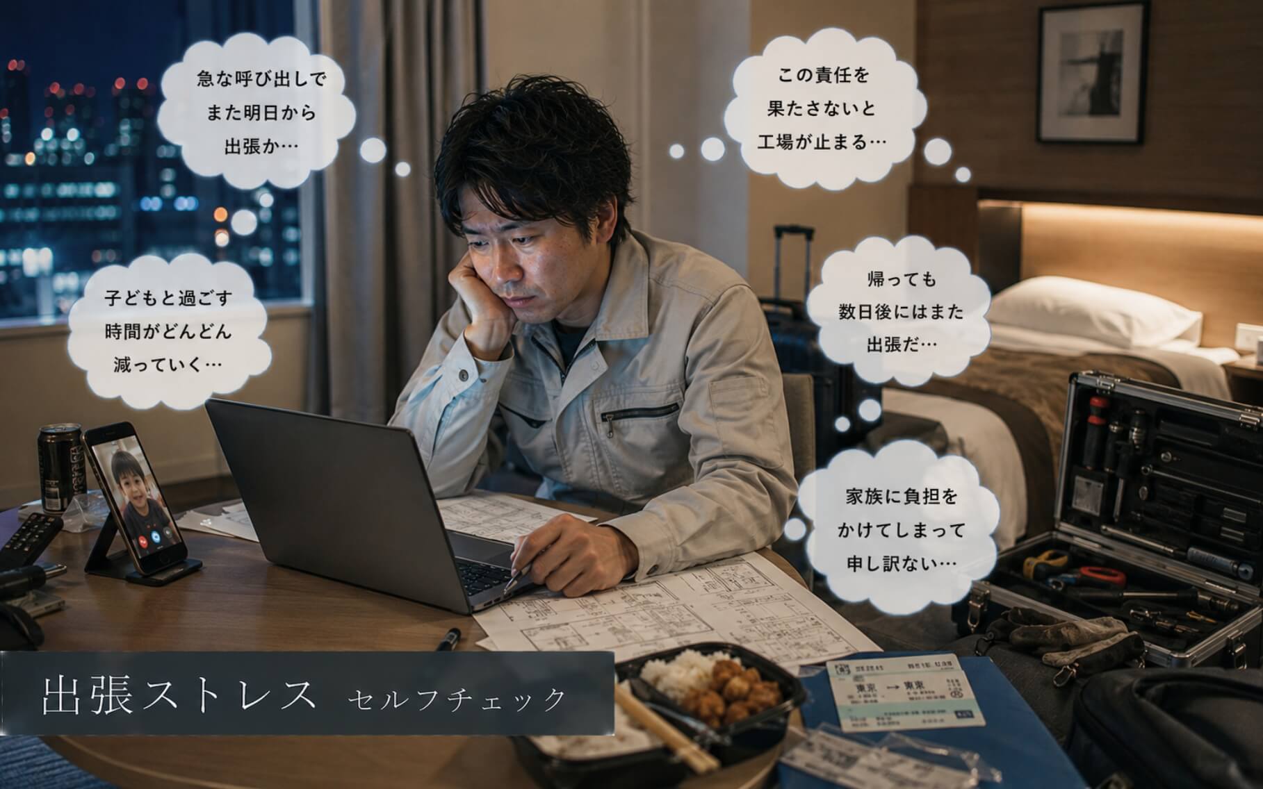 深夜のホテルで翌日の修理作業を確認する男性｜出張ストレスのセルフチェック