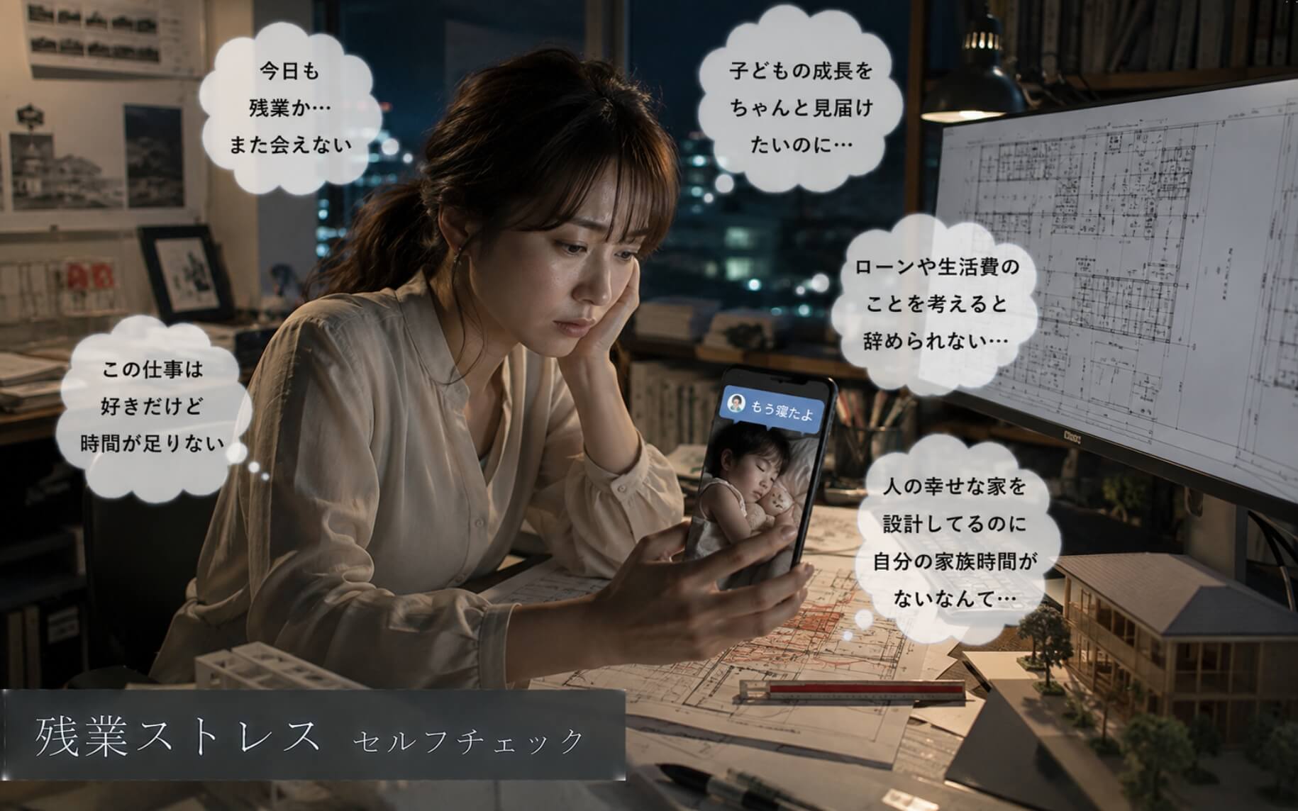 夜の設計事務所で子どもの寝顔を見つめる女性｜残業ストレスのセルフチェック
