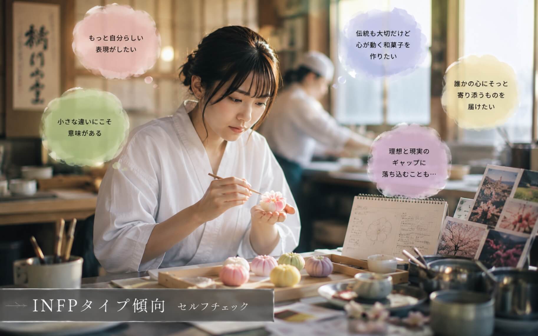 繊細な感性で季節の和菓子を仕上げる女性｜INFPタイプ傾向のセルフチェック