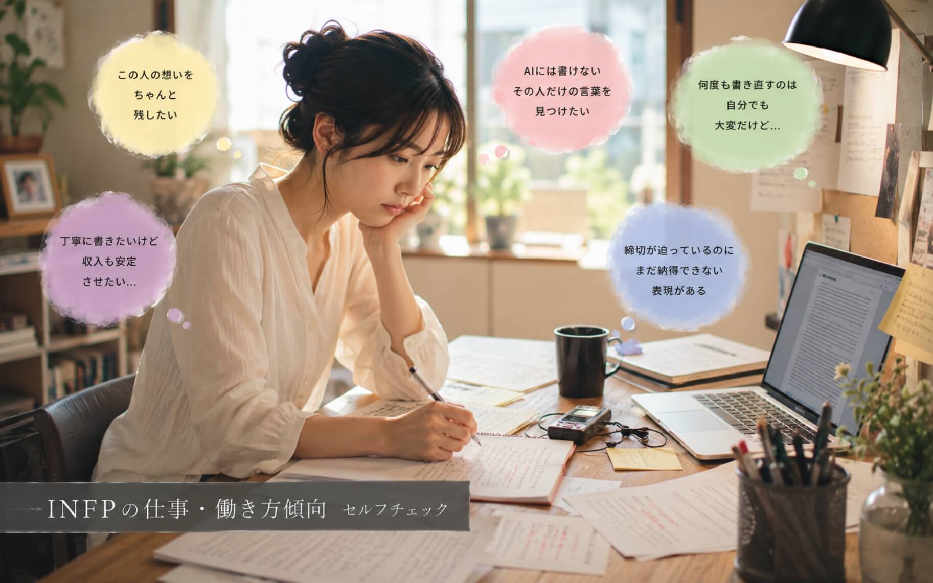 取材相手の思いを丁寧に文章へ落とし込む女性|INFPの仕事・働き方傾向のセルフチェック