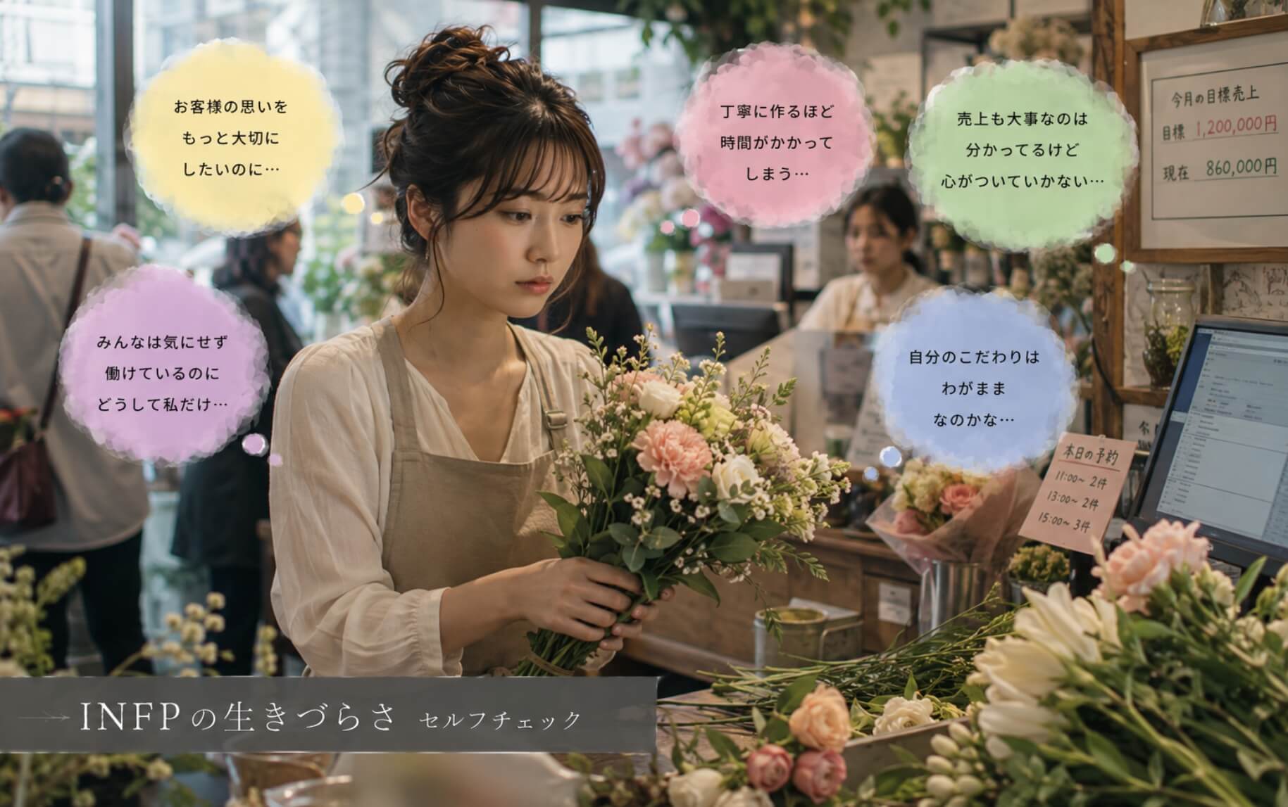 花束を手に職場との価値観の違いに葛藤する女性|INFPの生きづらさのセルフチェック
