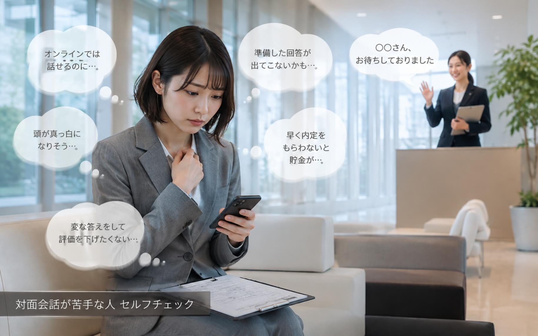 面接会場で緊張しスマホを握りしめる女性｜対面会話が苦手な人のセルフチェック