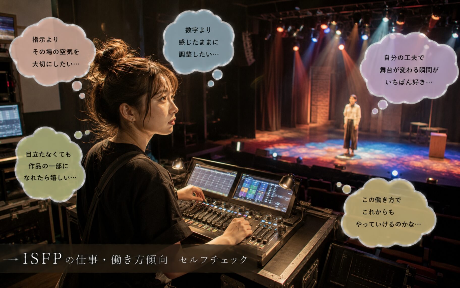 舞台の光を見ながら感覚的に照明を調整する女性|ISFPの仕事・働き方傾向のセルフチェック