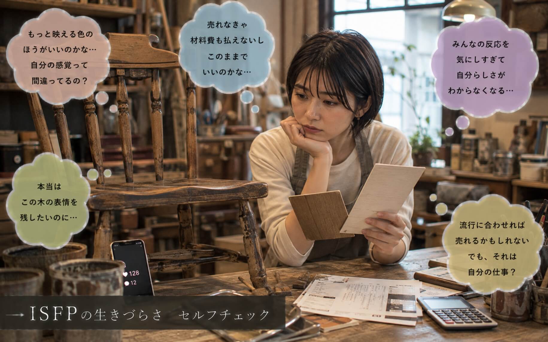売れる仕上げと自分の感性の間で悩む女性|ISFPの生きづらさのセルフチェック