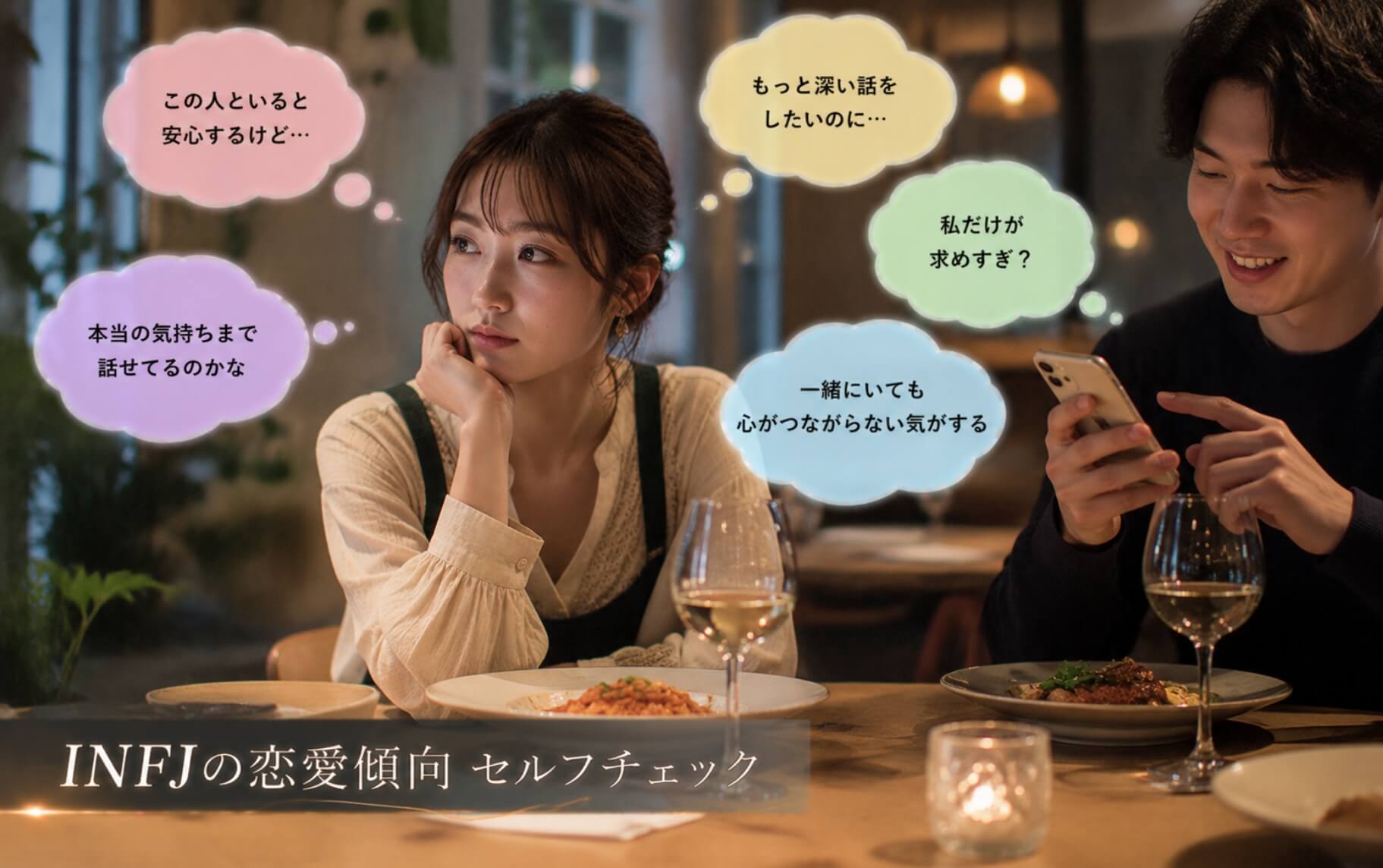 恋人と過ごしながら心の距離に寂しさを感じる女性｜INFJの恋愛傾向のセルフチェック