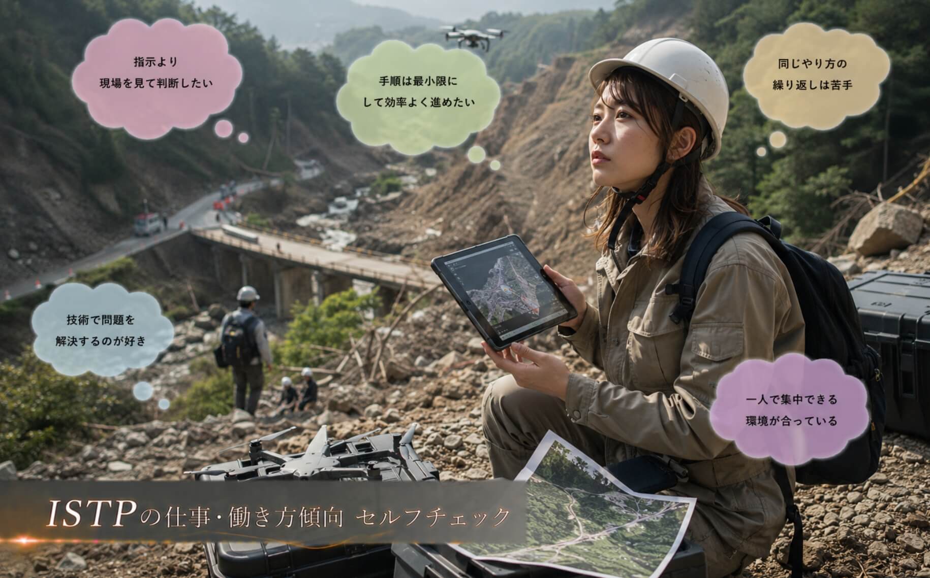 ドローン映像と斜面を見比べながら状況を判断する女性｜ISTPの仕事・働き方傾向のセルフチェック