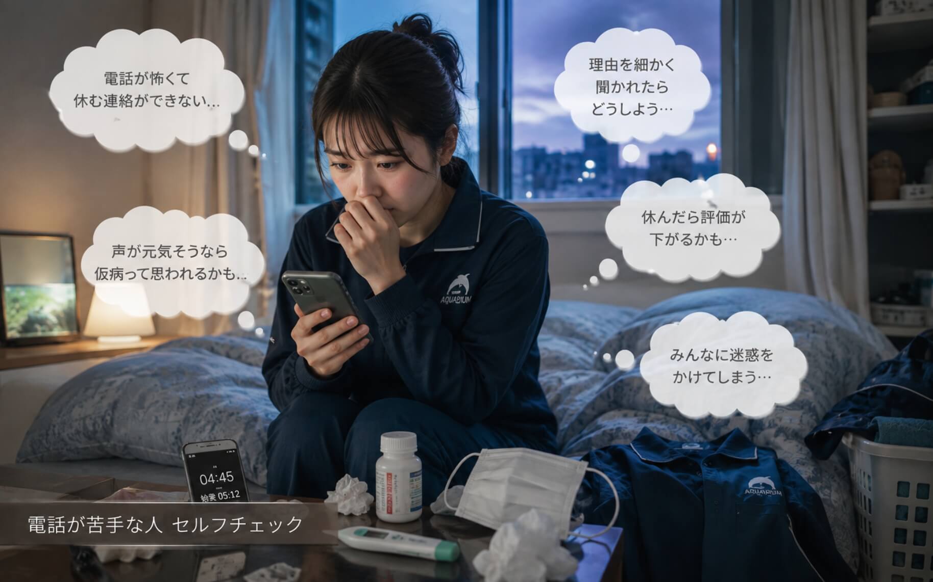 欠勤連絡の電話をかけられず悩む女性｜電話が苦手な人のセルフチェック