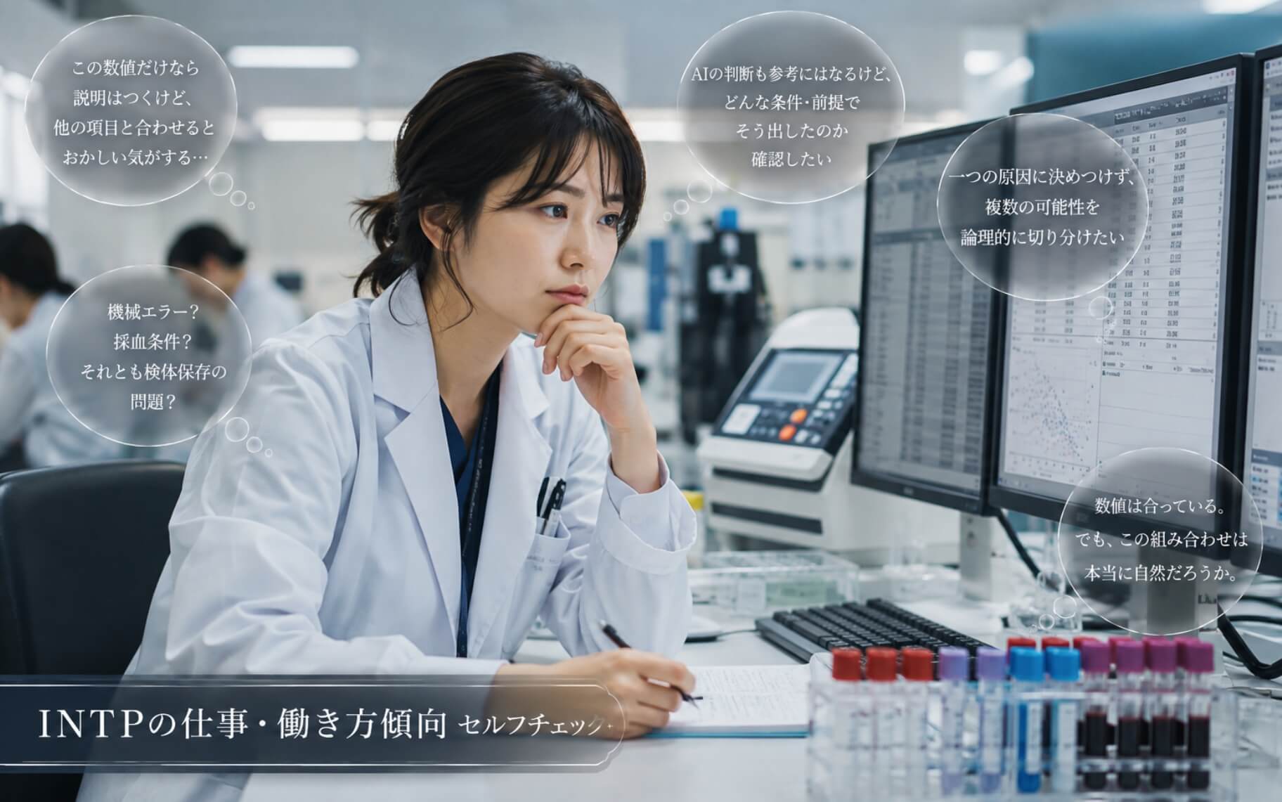 検査結果の違和感を分析する女性|INTPの仕事・働き方傾向のセルフチェック