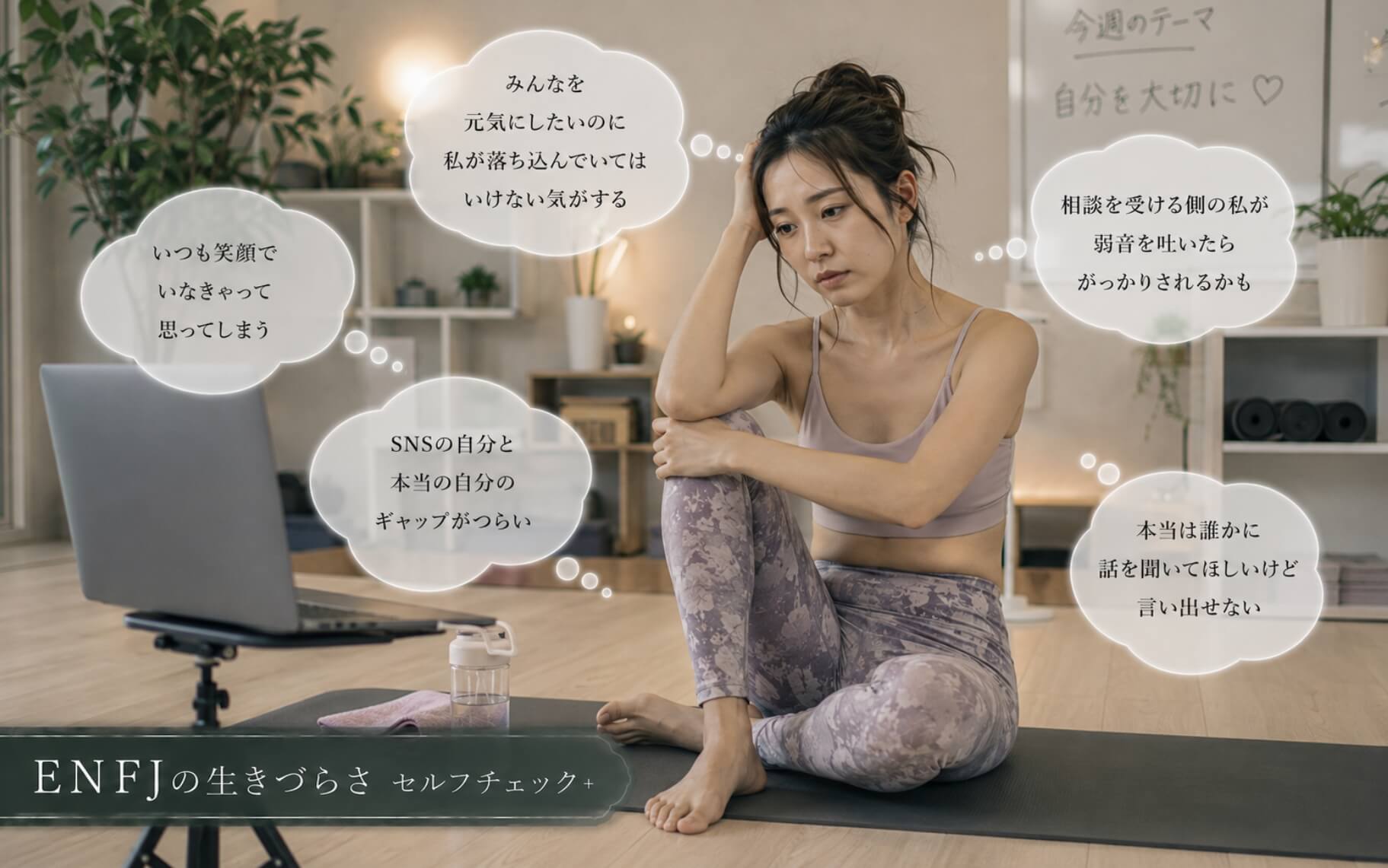 ヨガマットで元気な自分とのギャップに悩む女性|ENFJの生きづらさのセルフチェック