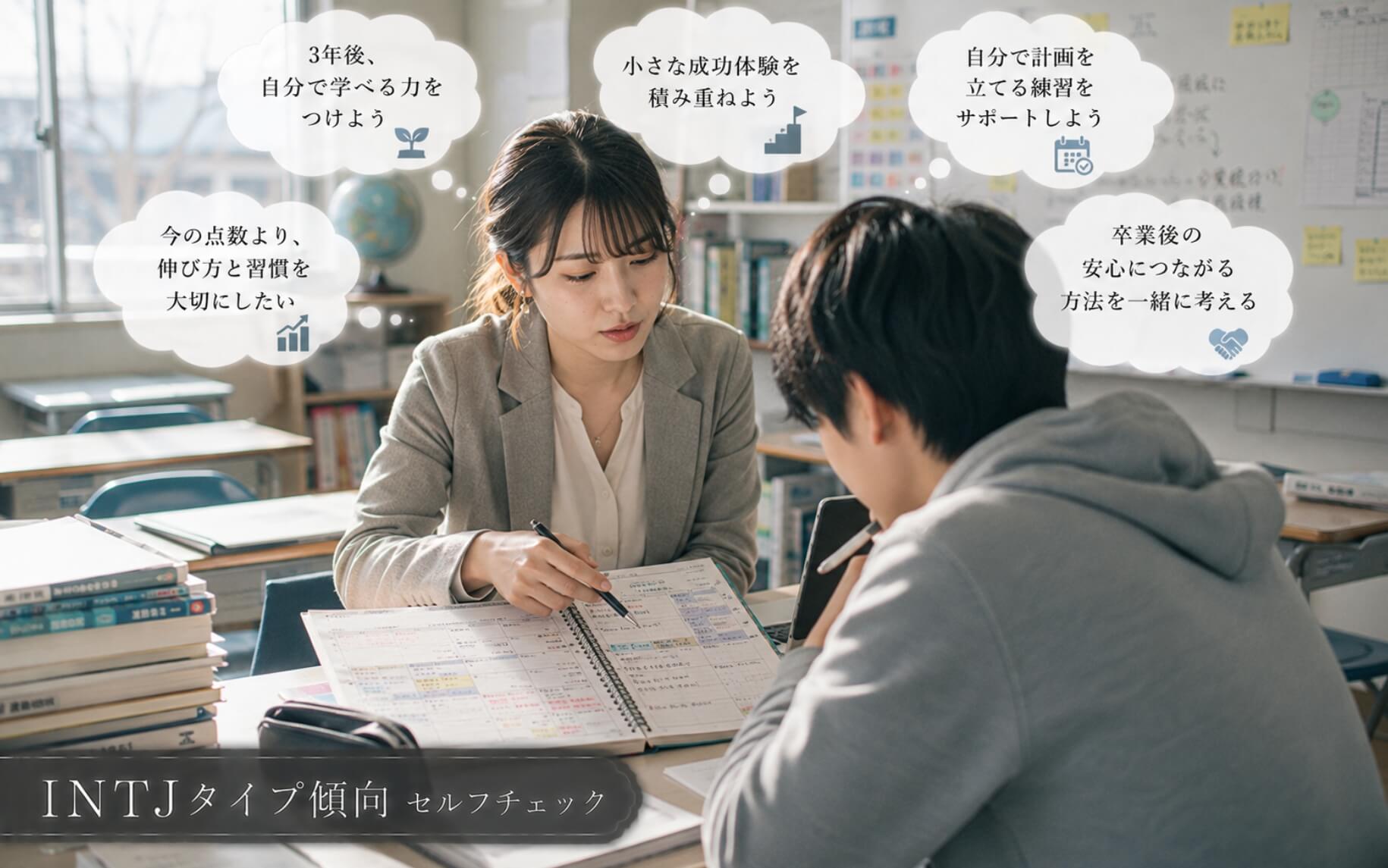 生徒と将来を見据えた学習計画を考える女性教員｜INTJタイプ傾向のセルフチェック