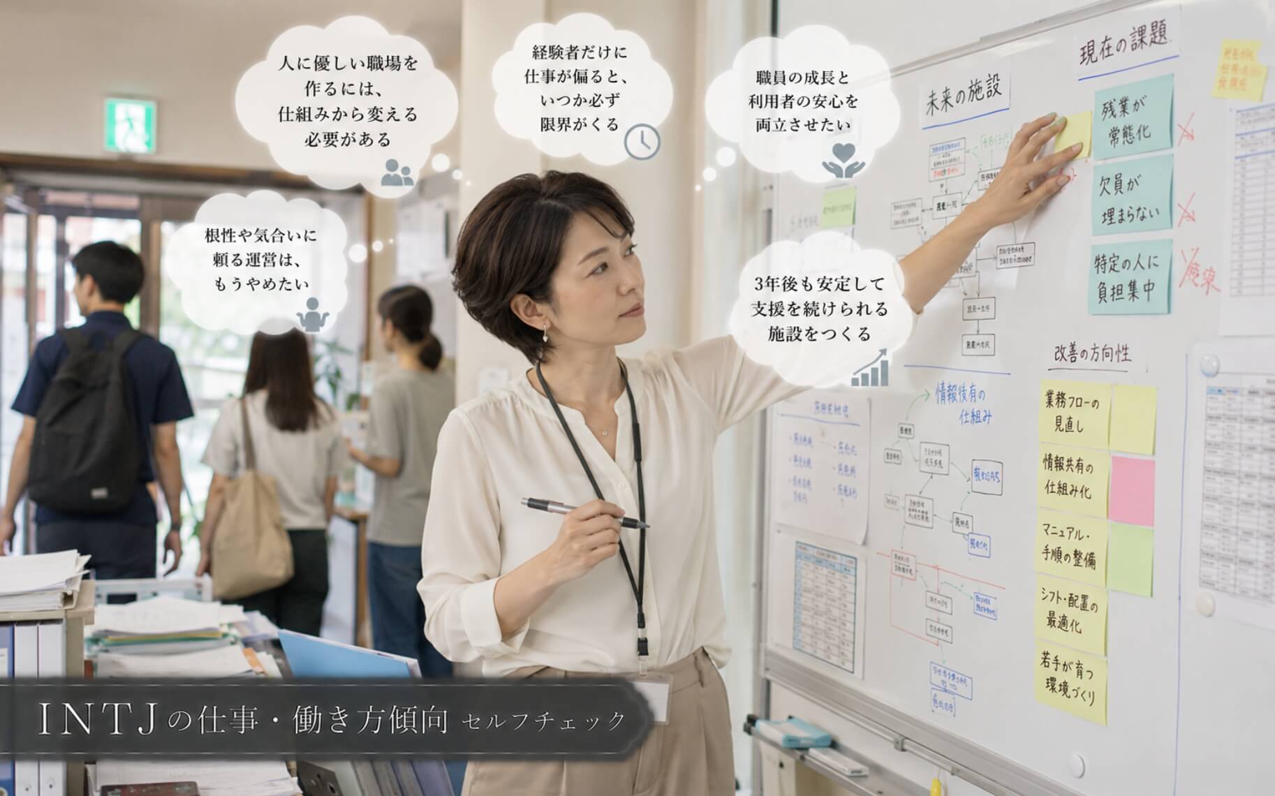 福祉施設の業務フローを長期的な視点で見直す女性|INTJの仕事・働き方傾向のセルフチェック