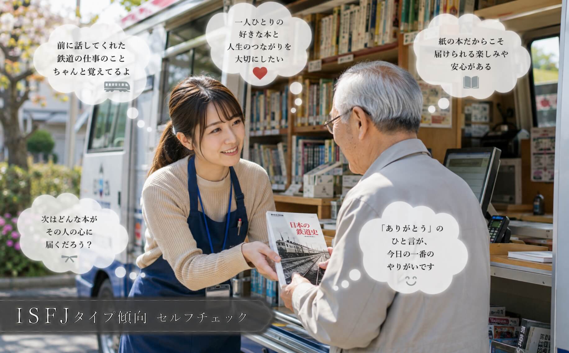 以前の会話を覚えて鉄道の本を手渡す女性司書|ISFJタイプ傾向のセルフチェック