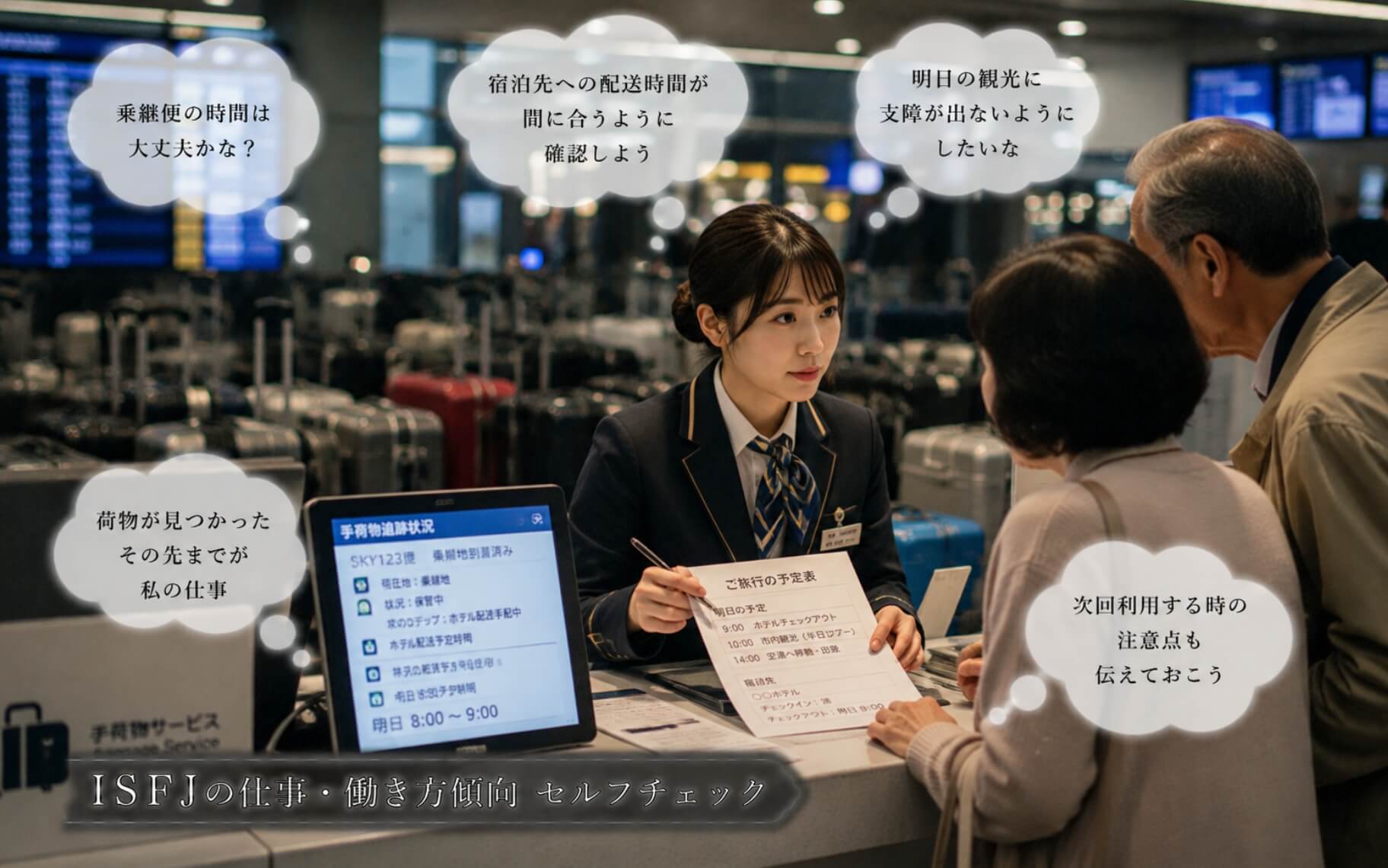 空港で荷物の配送時間を丁寧に確認する女性スタッフ｜ISFJの仕事・働き方傾向のセルフチェック