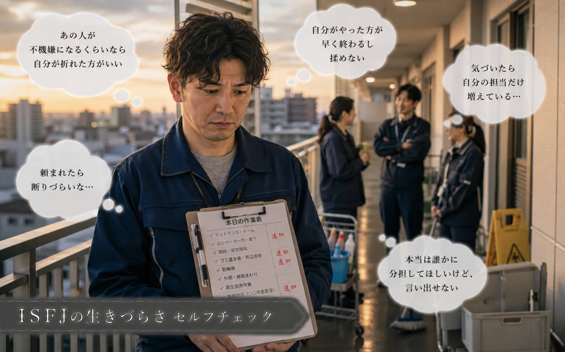 周囲に気を遣い自分だけ仕事を抱え込む男性|ISFJの生きづらさのセルフチェック