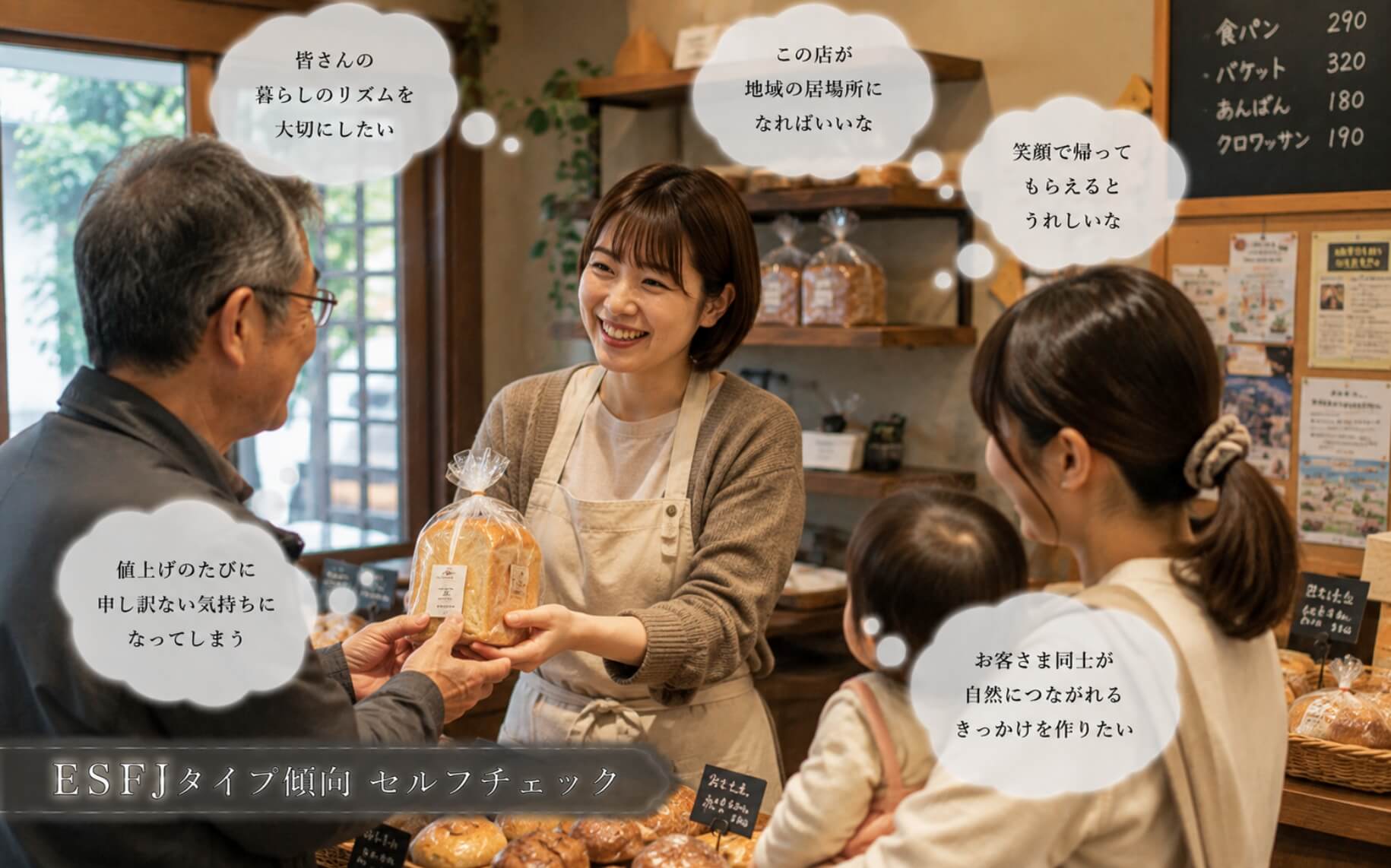 ベーカリーで常連客同士を自然につなぐ女性スタッフ｜ESFJタイプ傾向のセルフチェック