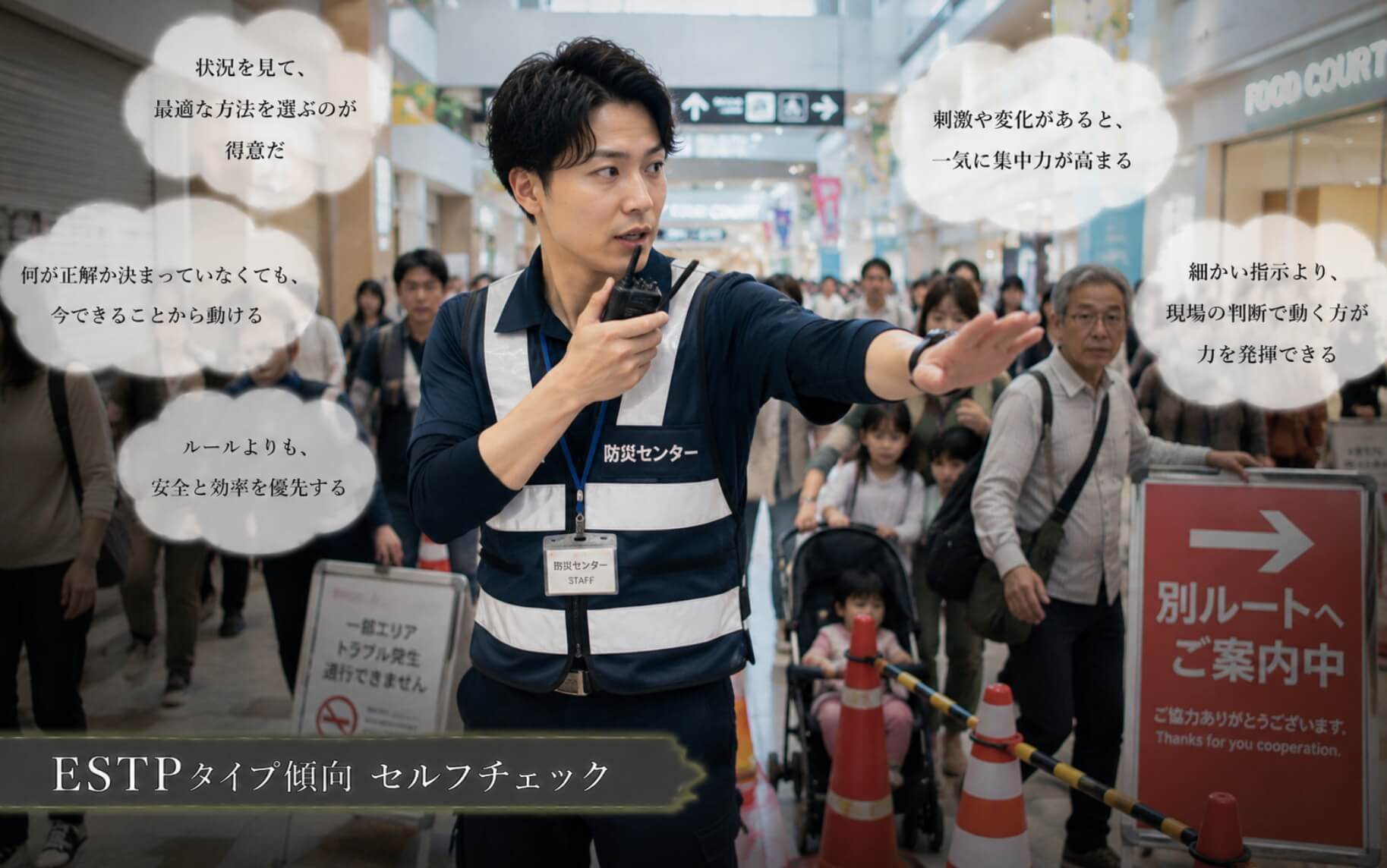混雑する施設で人の流れを見ながら誘導する男性|ESTPタイプ傾向のセルフチェック