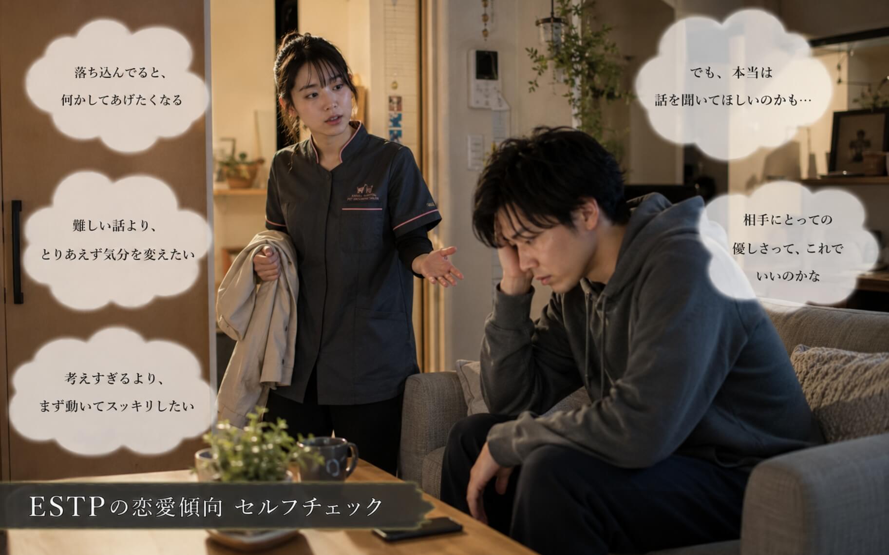 落ち込む恋人を散歩に誘いながら様子を見つめる女性｜ESTPの恋愛傾向のセルフチェック