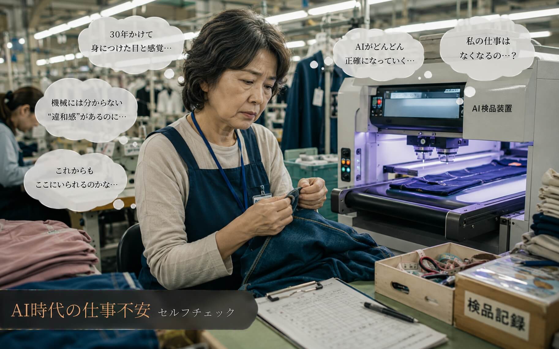 縫製工場でAI導入に戸惑う検品スタッフ|AI時代の仕事不安のセルフチェック