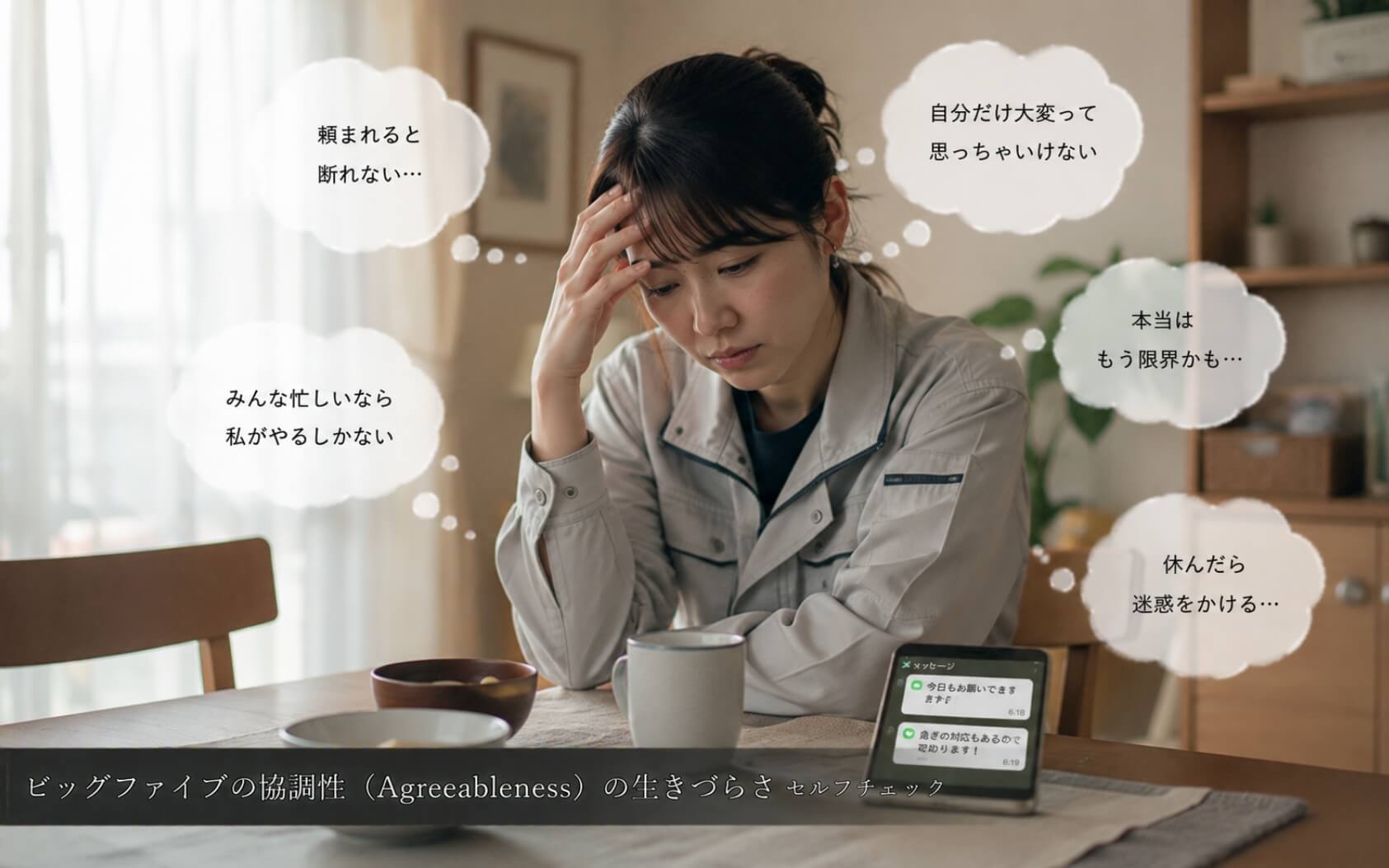 頼みを断れず疲れを抱え込む女性|ビッグファイブの協調性(Agreeableness)の生きづらさのセルフチェック