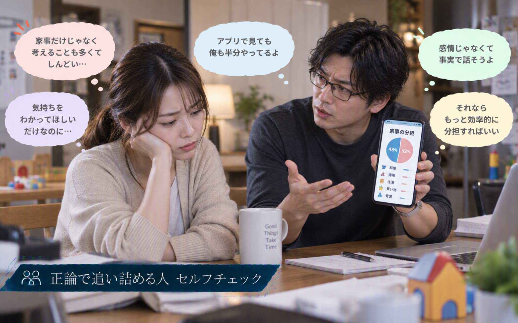 妻のつらさより家事アプリの数字を優先して説明する男性｜正論で追い詰める人のセルフチェック
