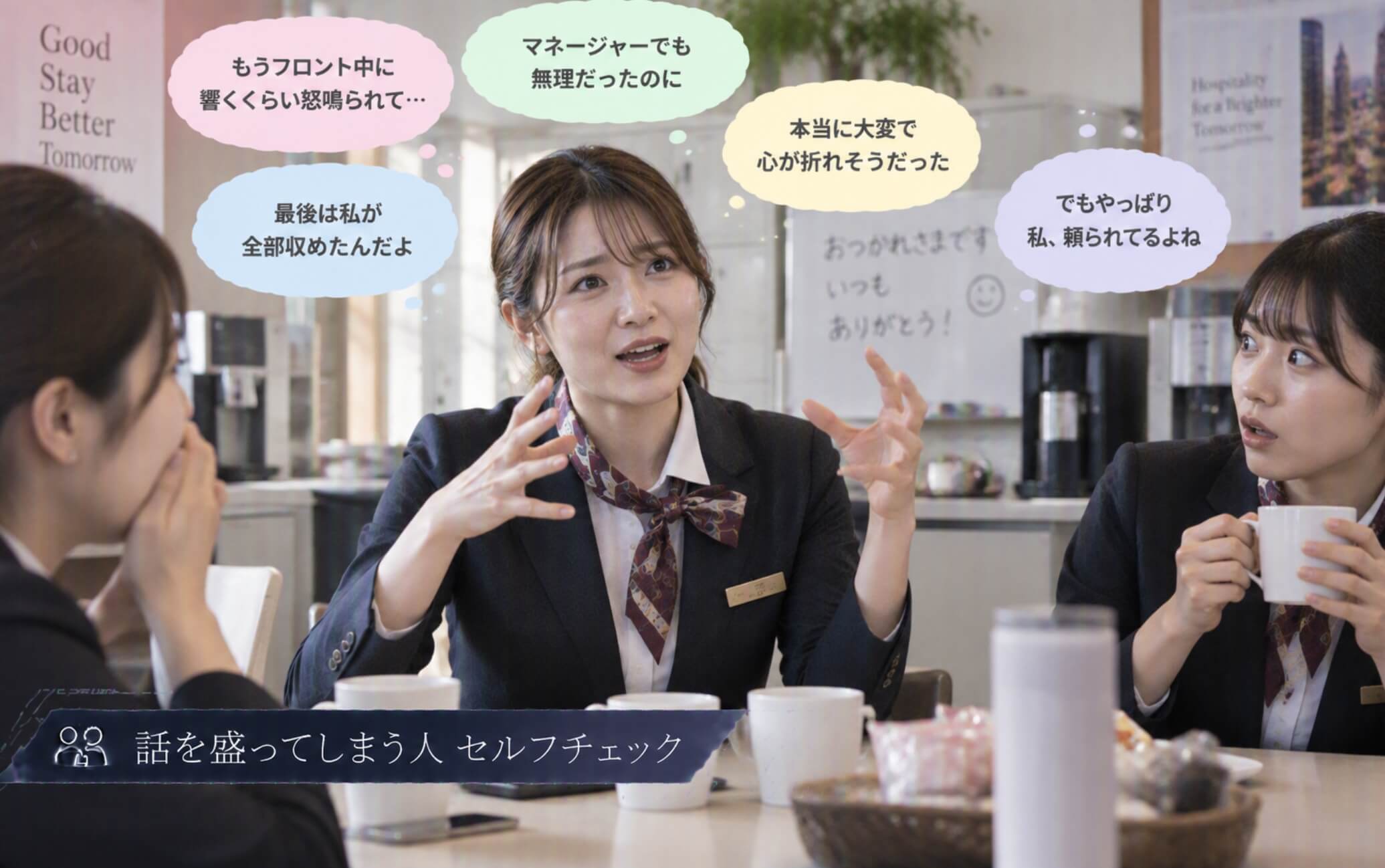 クレーム対応の出来事を身振りを交えて大きく話す女性|話を盛ってしまう人のセルフチェック