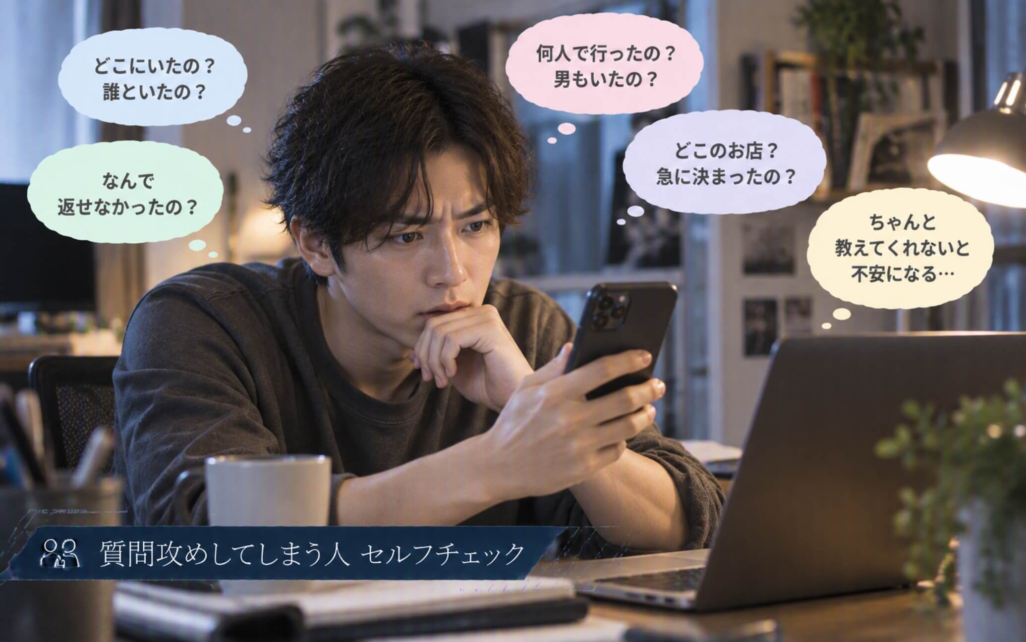 恋人の返信が遅く不安になりスマホで質問を重ねる男性｜質問攻めしてしまう人のセルフチェック