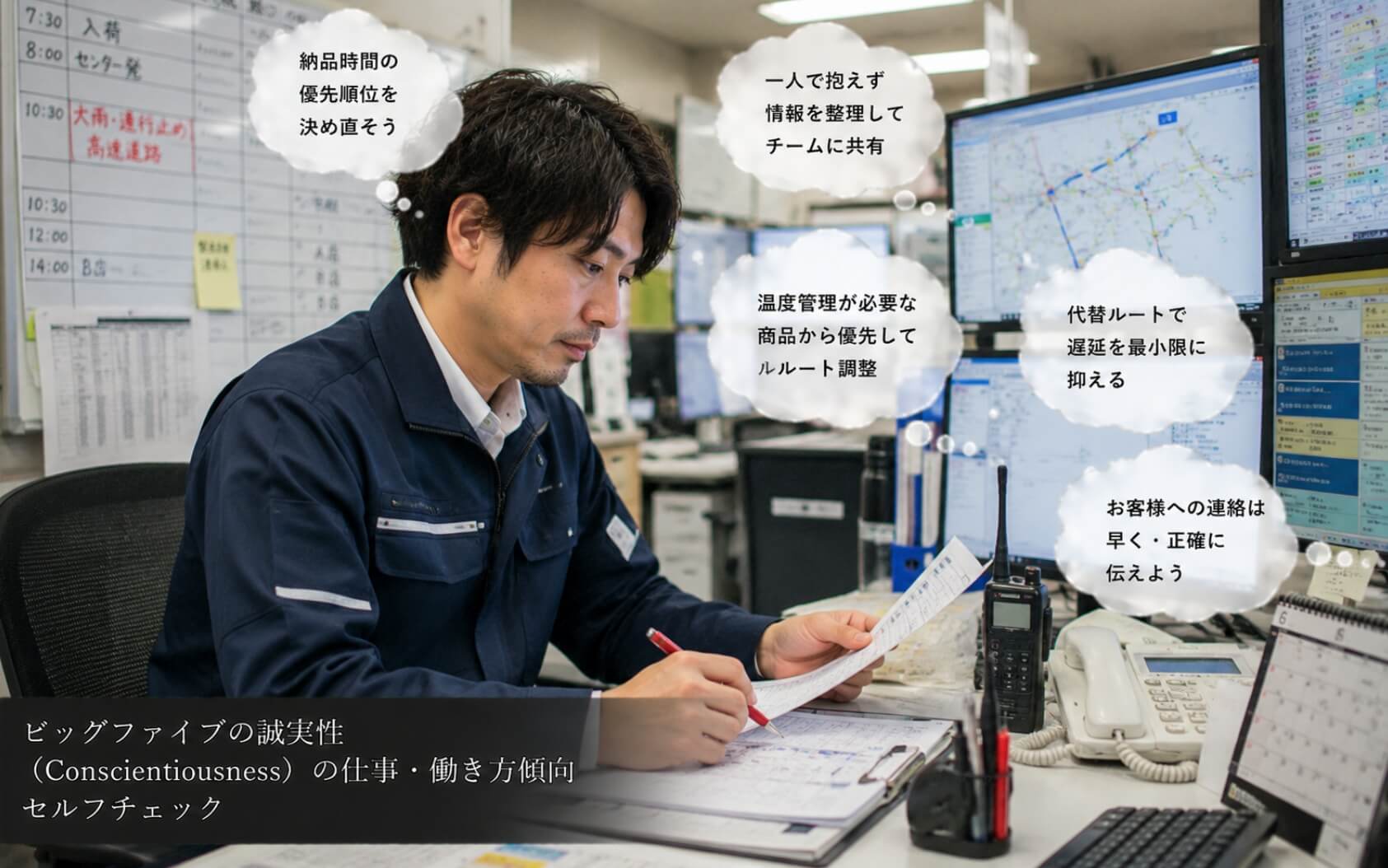 配送遅延の優先順位を整理する男性|ビッグファイブの誠実性(Conscientiousness)の仕事・働き方傾向のセルフチェック