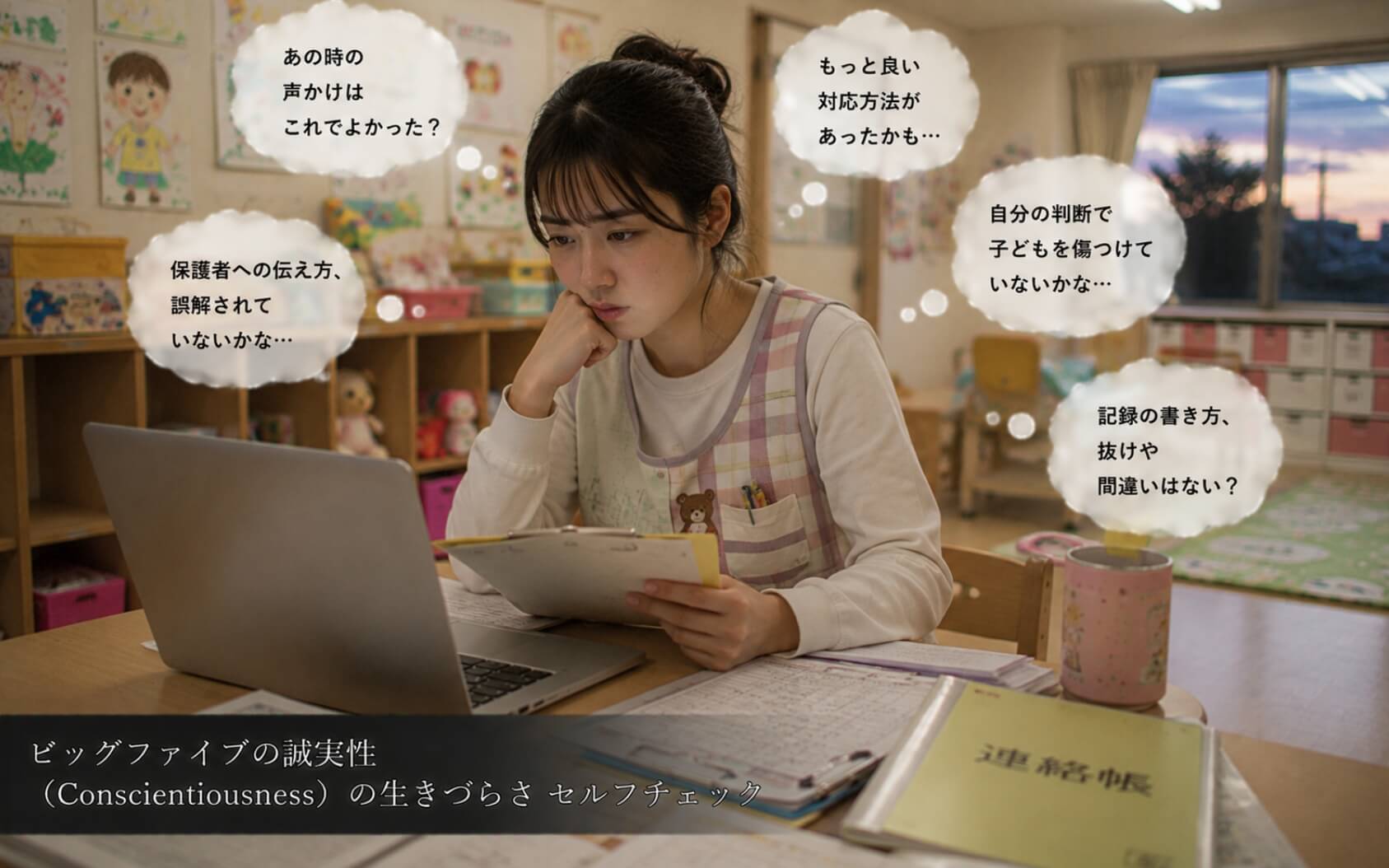自分の対応を振り返り考え込む女性保育士｜ビッグファイブの誠実性（Conscientiousness）の生きづらさのセルフチェック