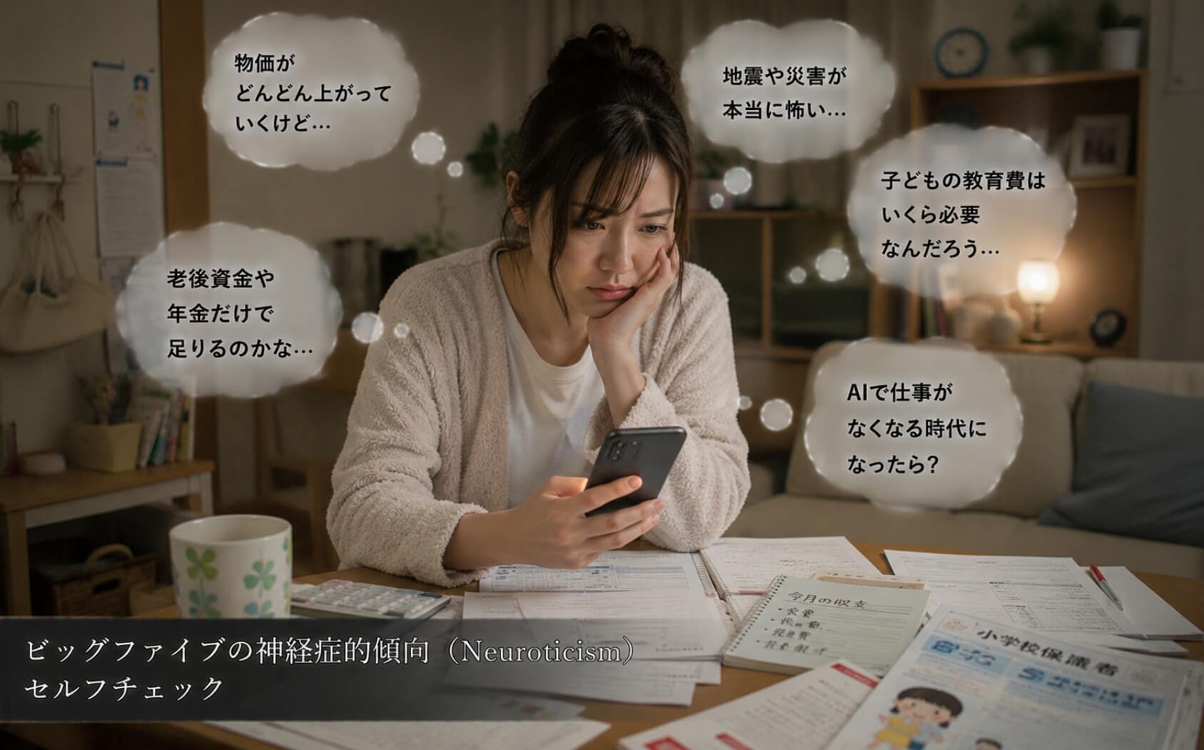 夜にスマホを見ながら将来を心配する女性|ビッグファイブの神経症的傾向(Neuroticism)のセルフチェック