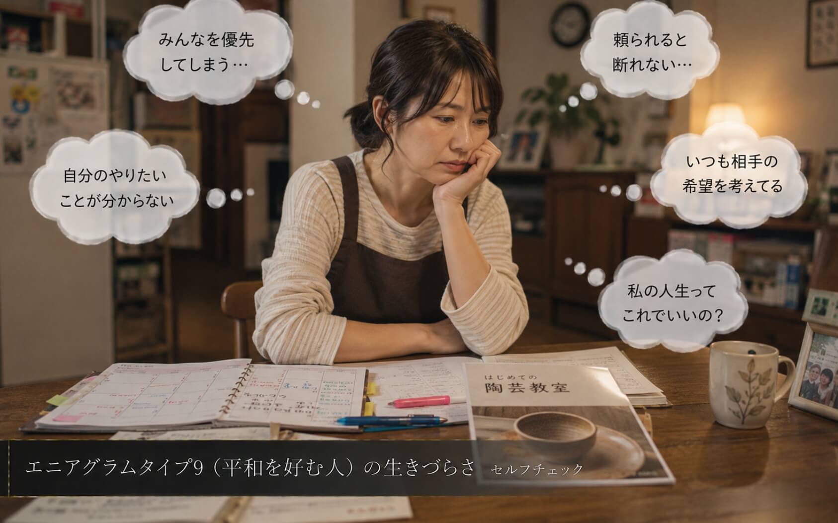 家族を優先し自分の希望に悩む女性|エニアグラムタイプ9(平和を好む人)の生きづらさのセルフチェック