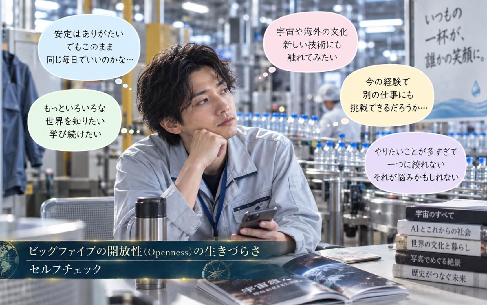 工場の単調な毎日に閉塞感を抱く男性｜ビッグファイブの開放性の生きづらさセルフチェック