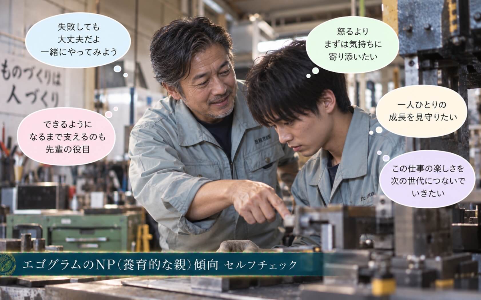 失敗した若手に寄り添い作業を教えるベテラン職人|エゴグラムのNP傾向セルフチェック