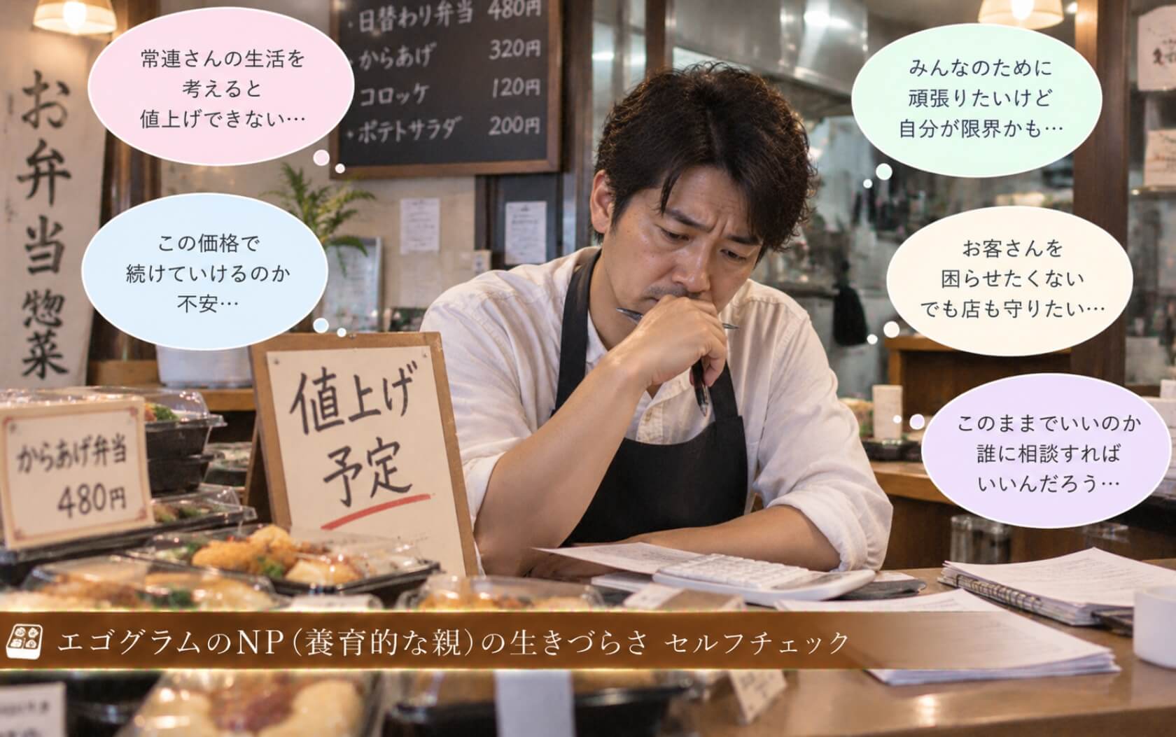 常連客を思い値上げをためらい帳簿を見る店主|エゴグラムのNPの生きづらさセルフチェック