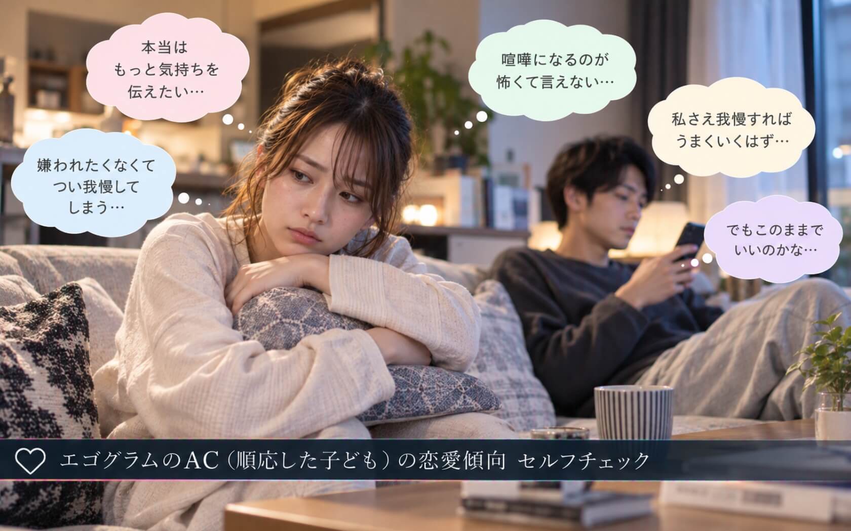 喧嘩を避けて本当の気持ちを飲み込む女性|エゴグラムのACの恋愛傾向セルフチェック