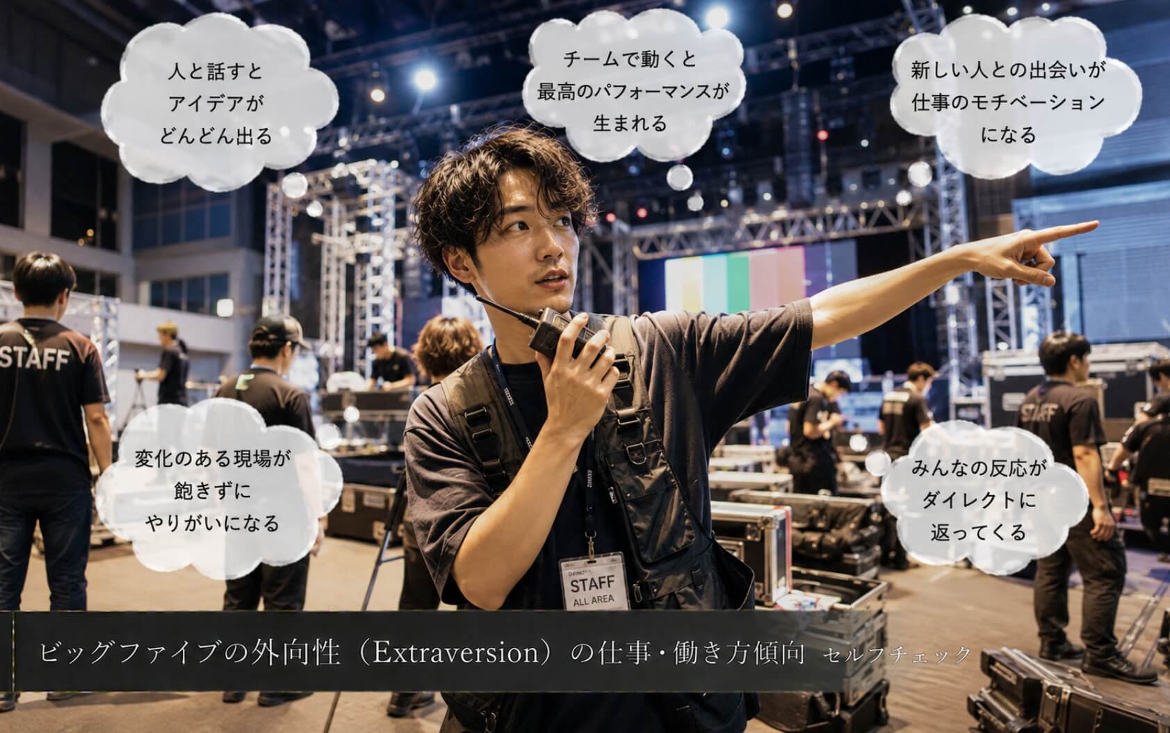 イベント会場でスタッフへ指示を出す男性｜ビッグファイブの外向性（Extraversion）の仕事・働き方傾向のセルフチェック