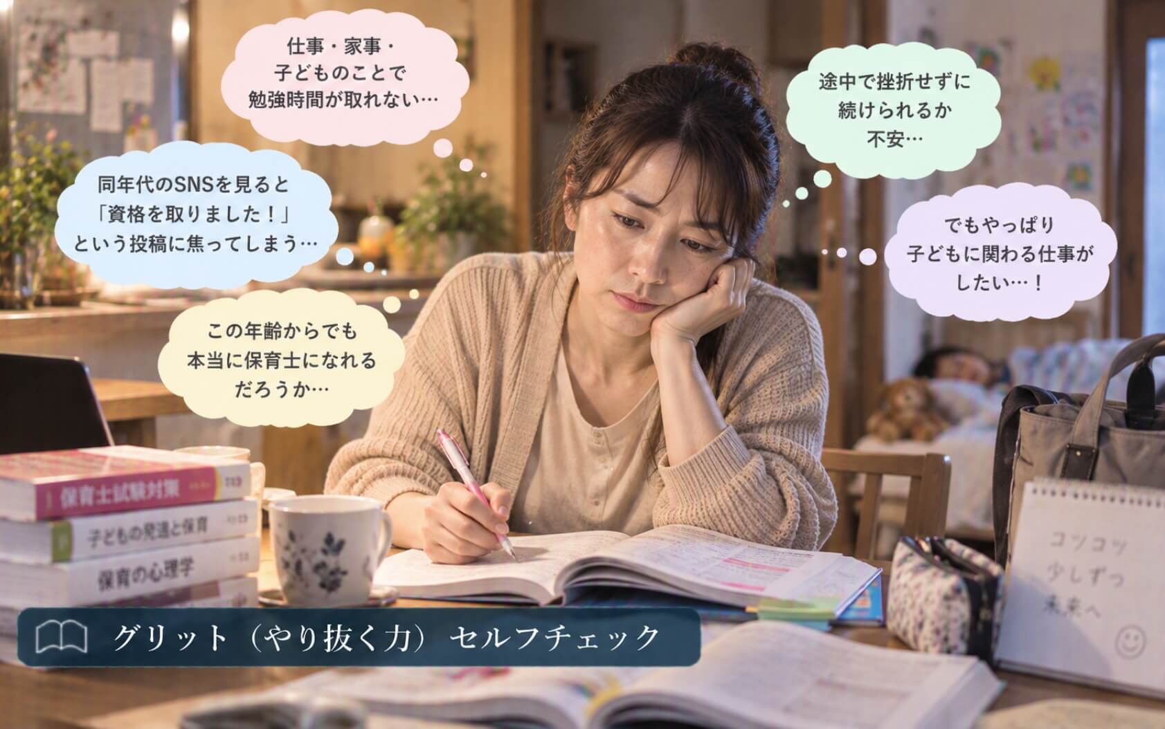 家事と仕事の合間に保育士資格の勉強を続ける女性｜グリットのセルフチェック